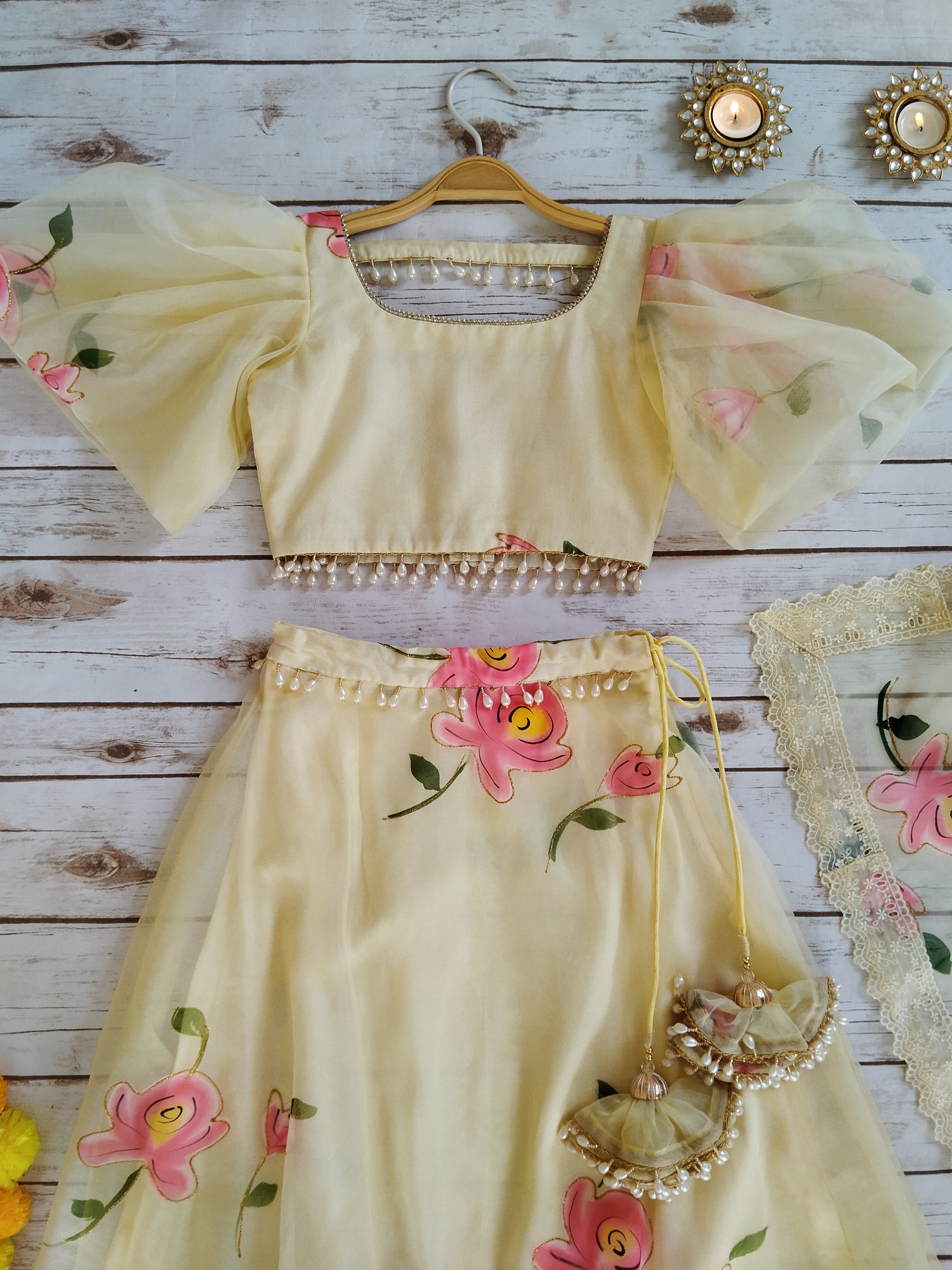 Yellow Handpainted Organza Kid's Lehenga