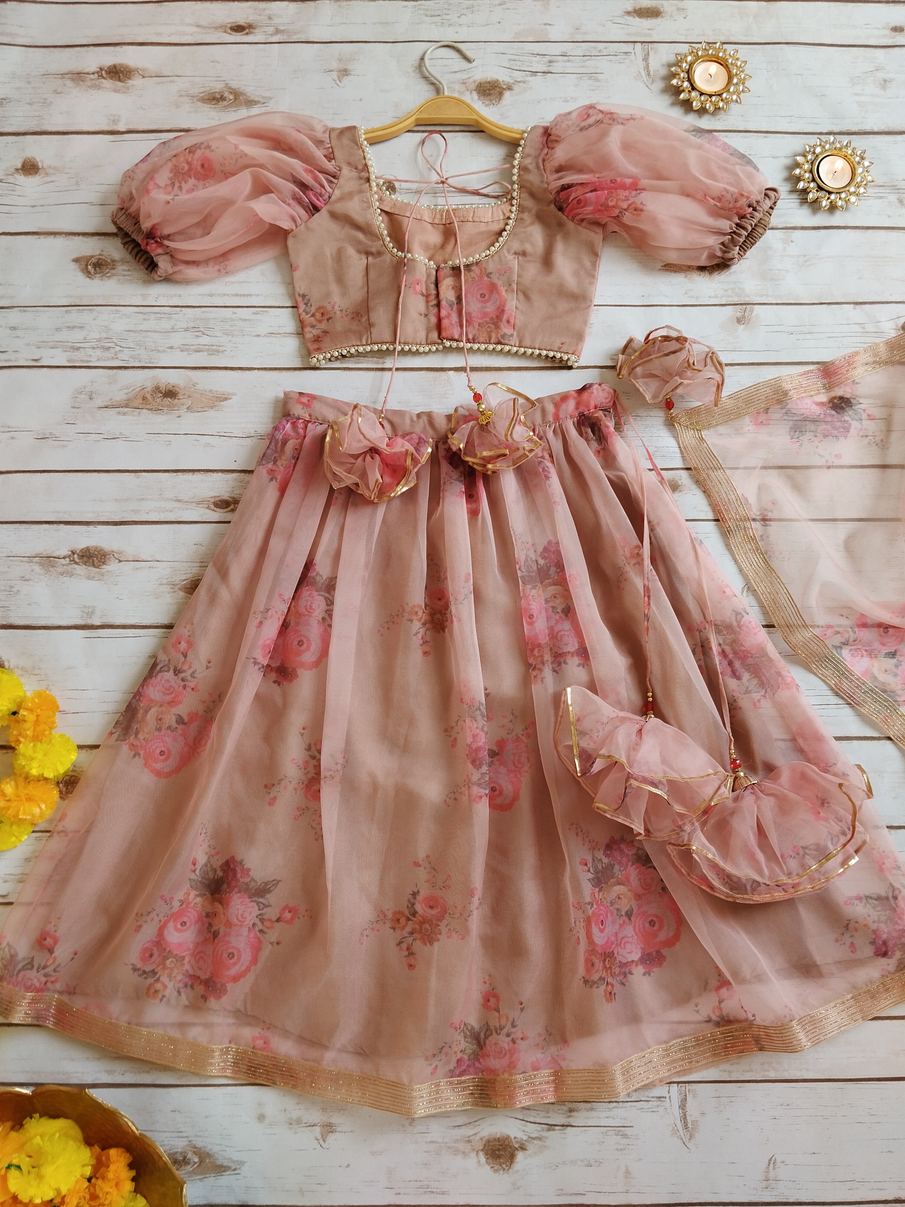 Dusty Pink Organza Kids Lehenga