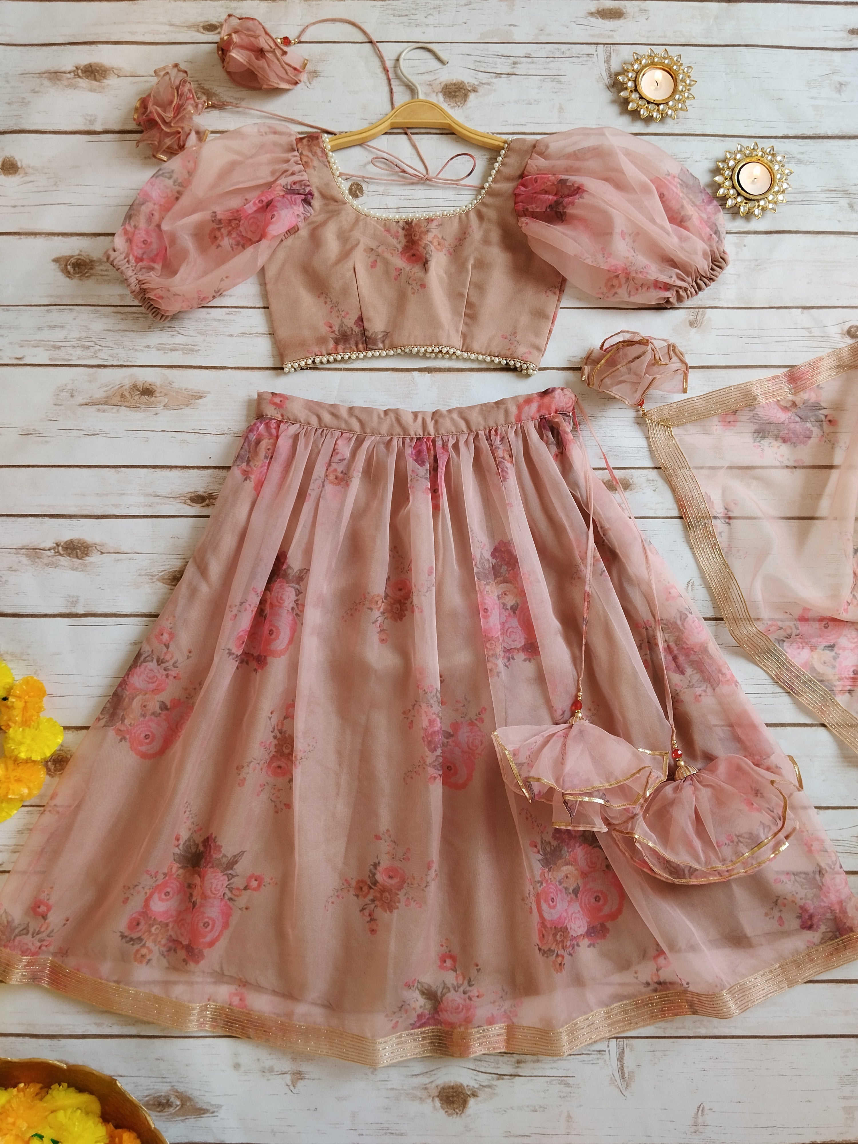 Dusty Pink Organza Kids Lehenga