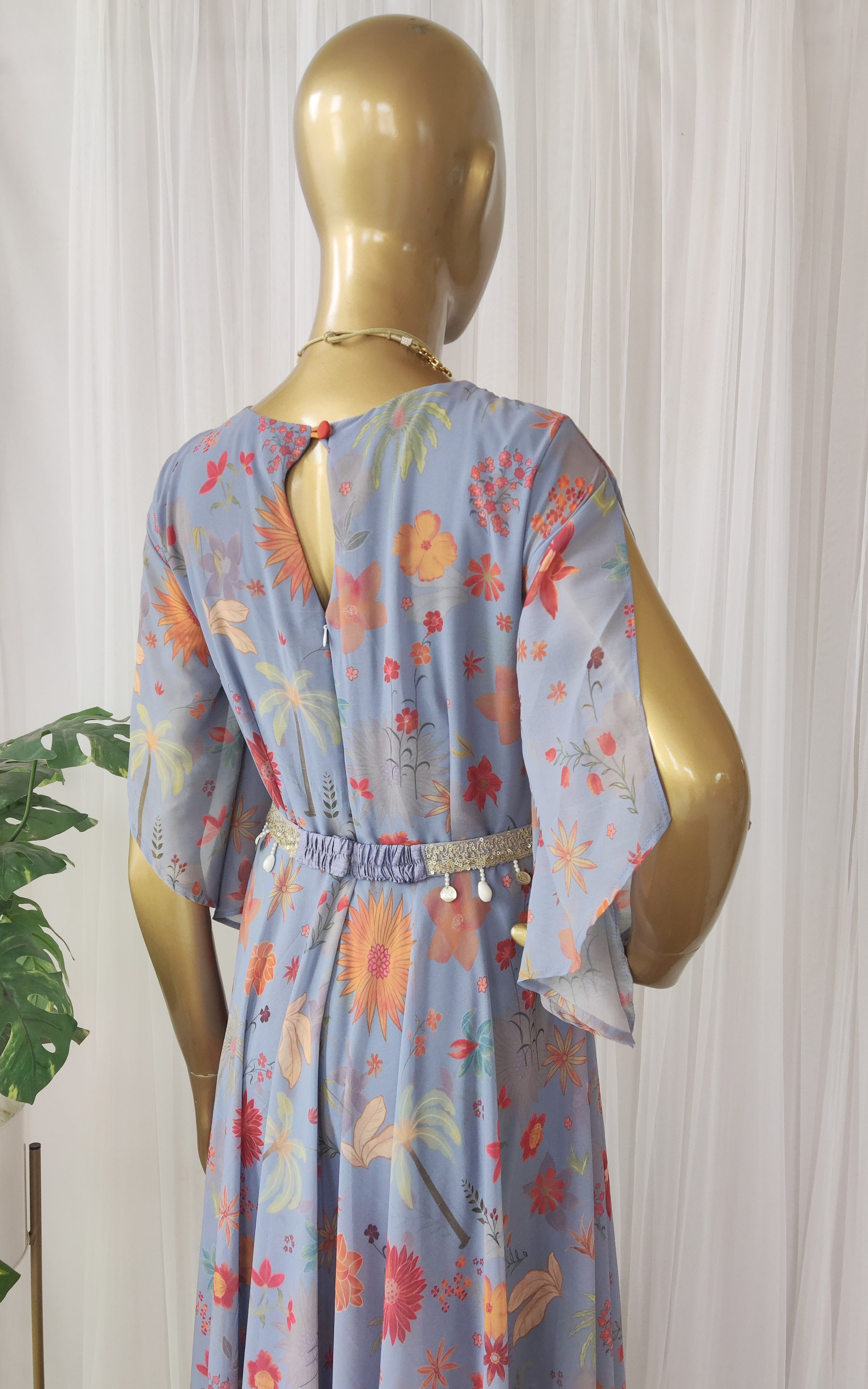 Grey Tropical Printed Jumpsuit with Belt