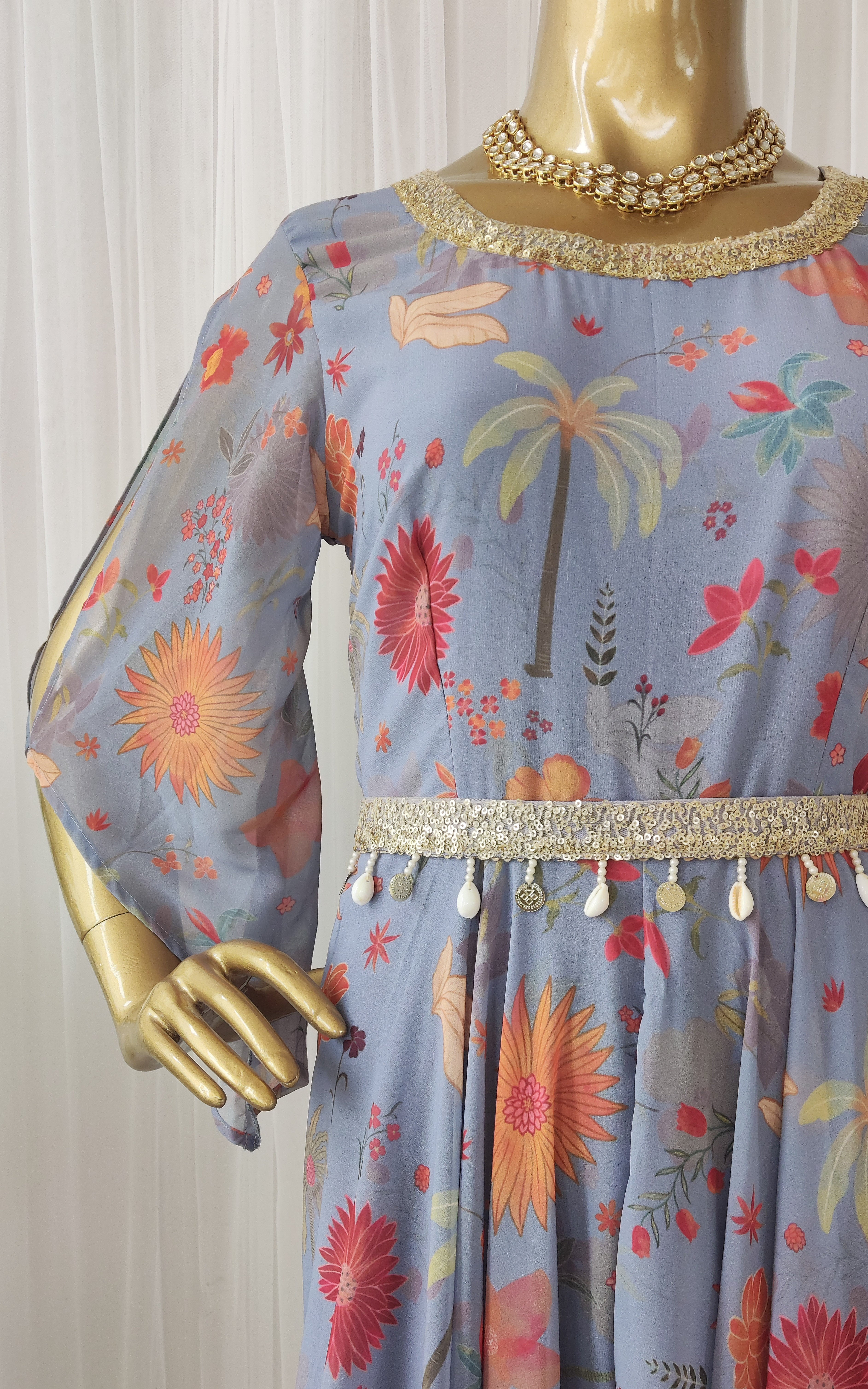 Grey Tropical Printed Jumpsuit with Belt