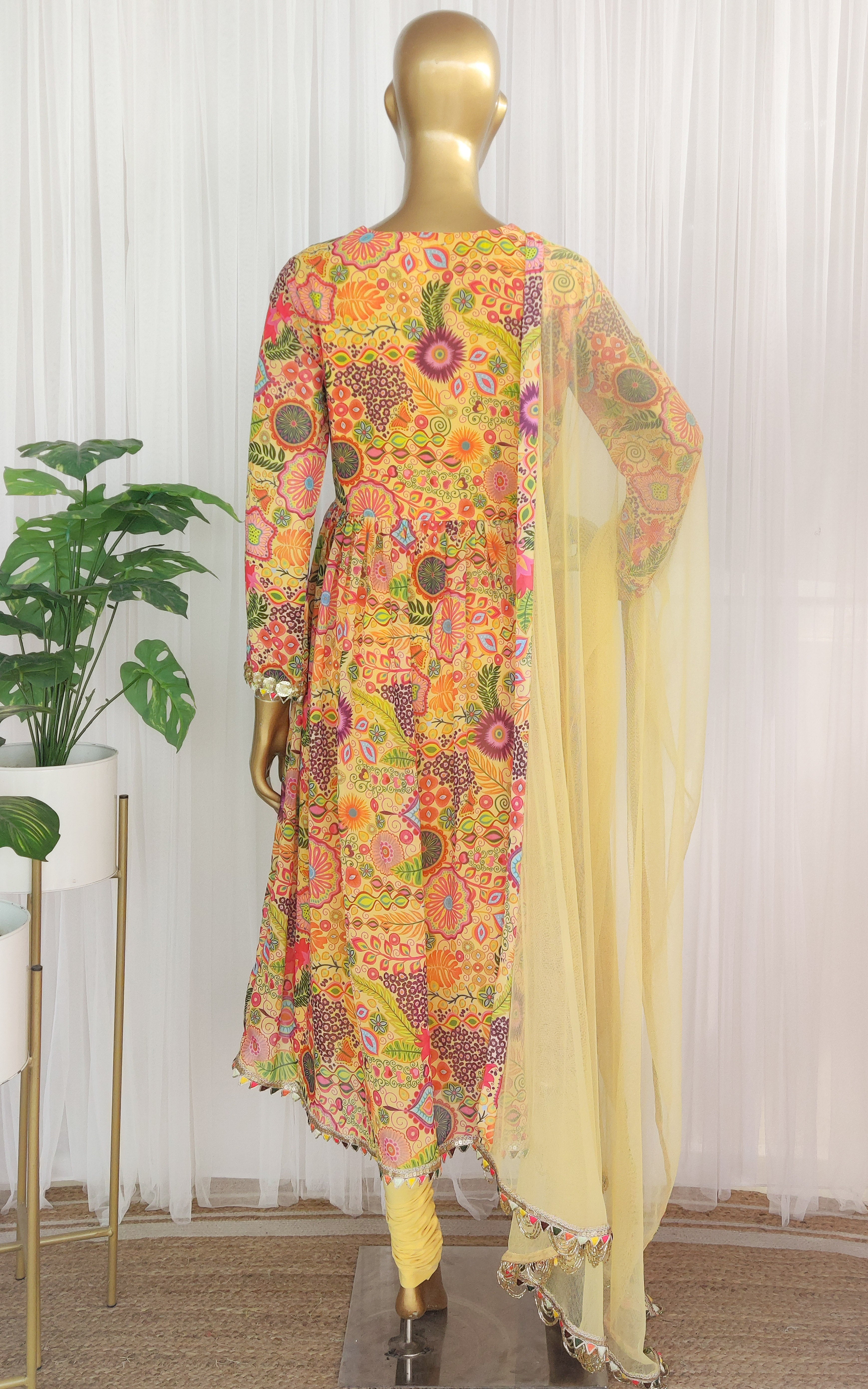 Yellow Colorful Printed Anarkali