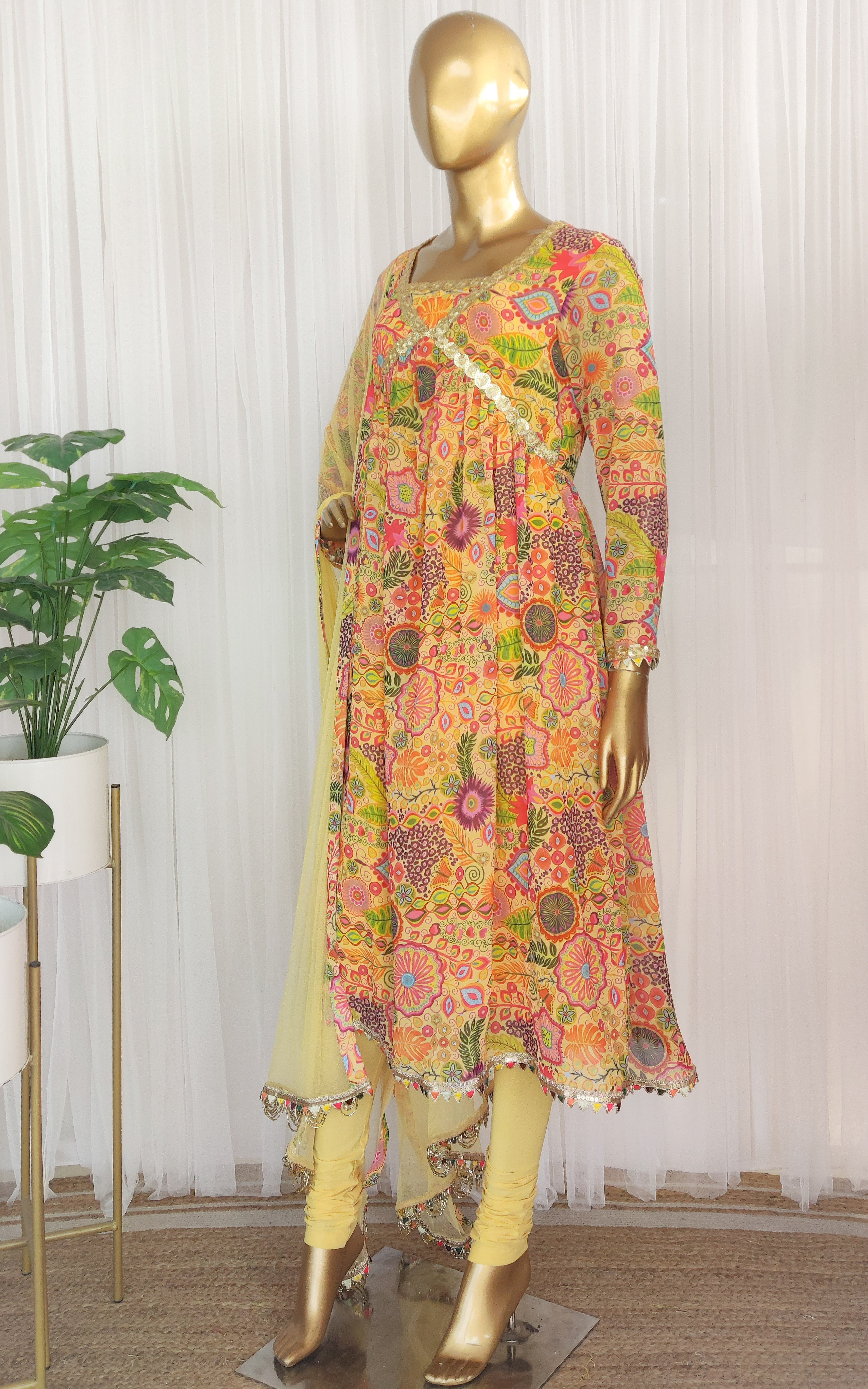 Yellow Colorful Printed Anarkali