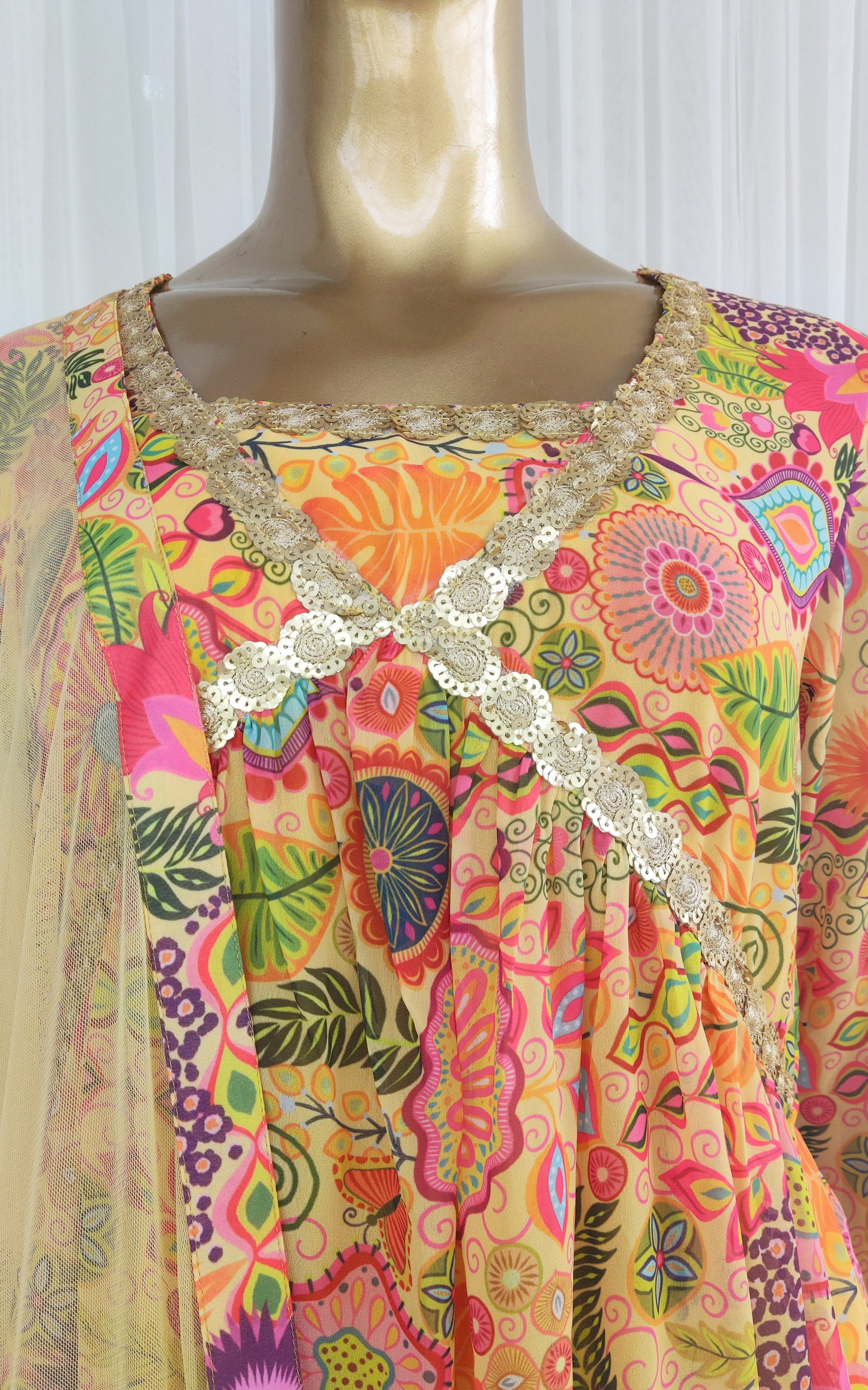 Yellow Colorful Printed Anarkali