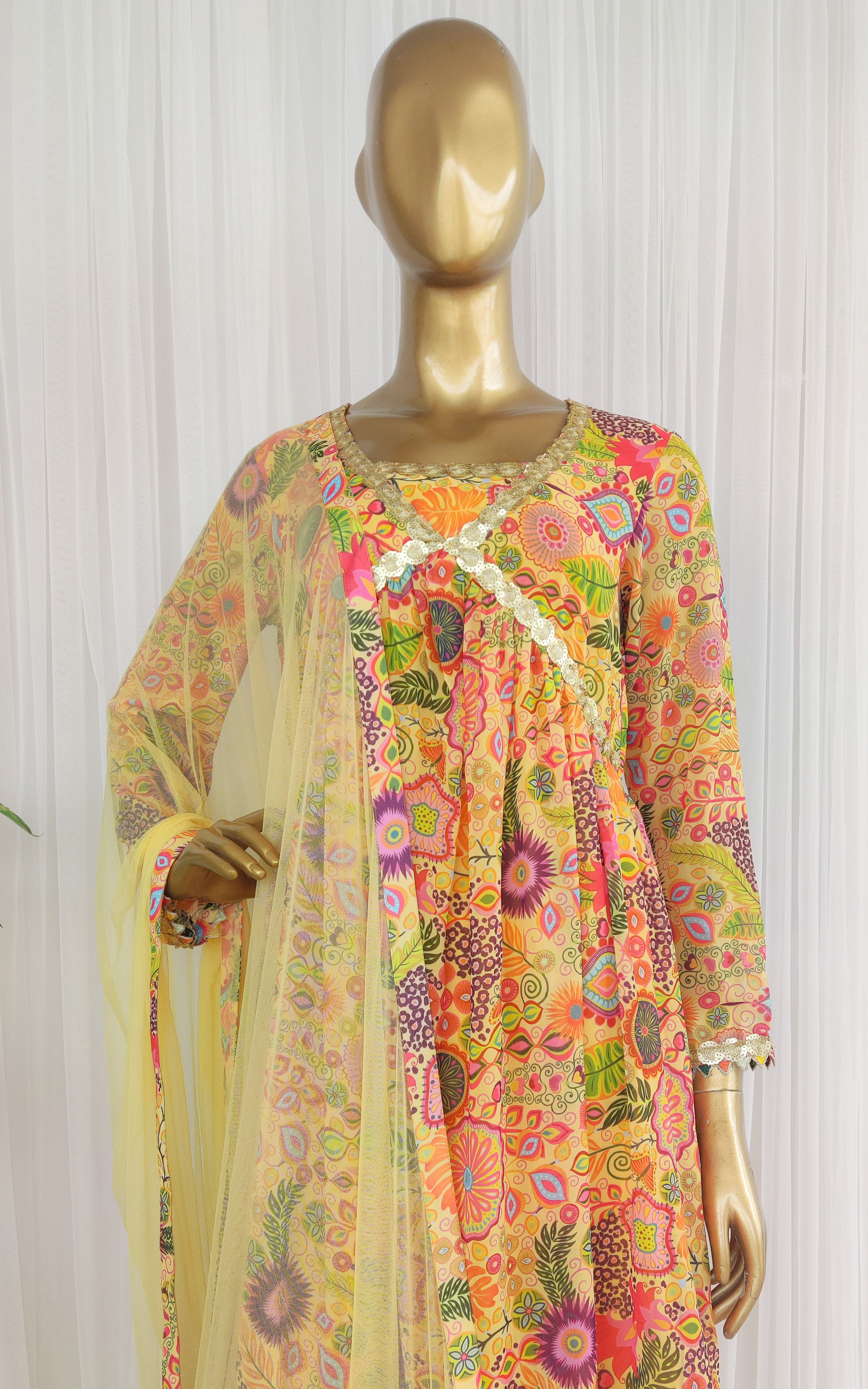 Yellow Colorful Printed Anarkali