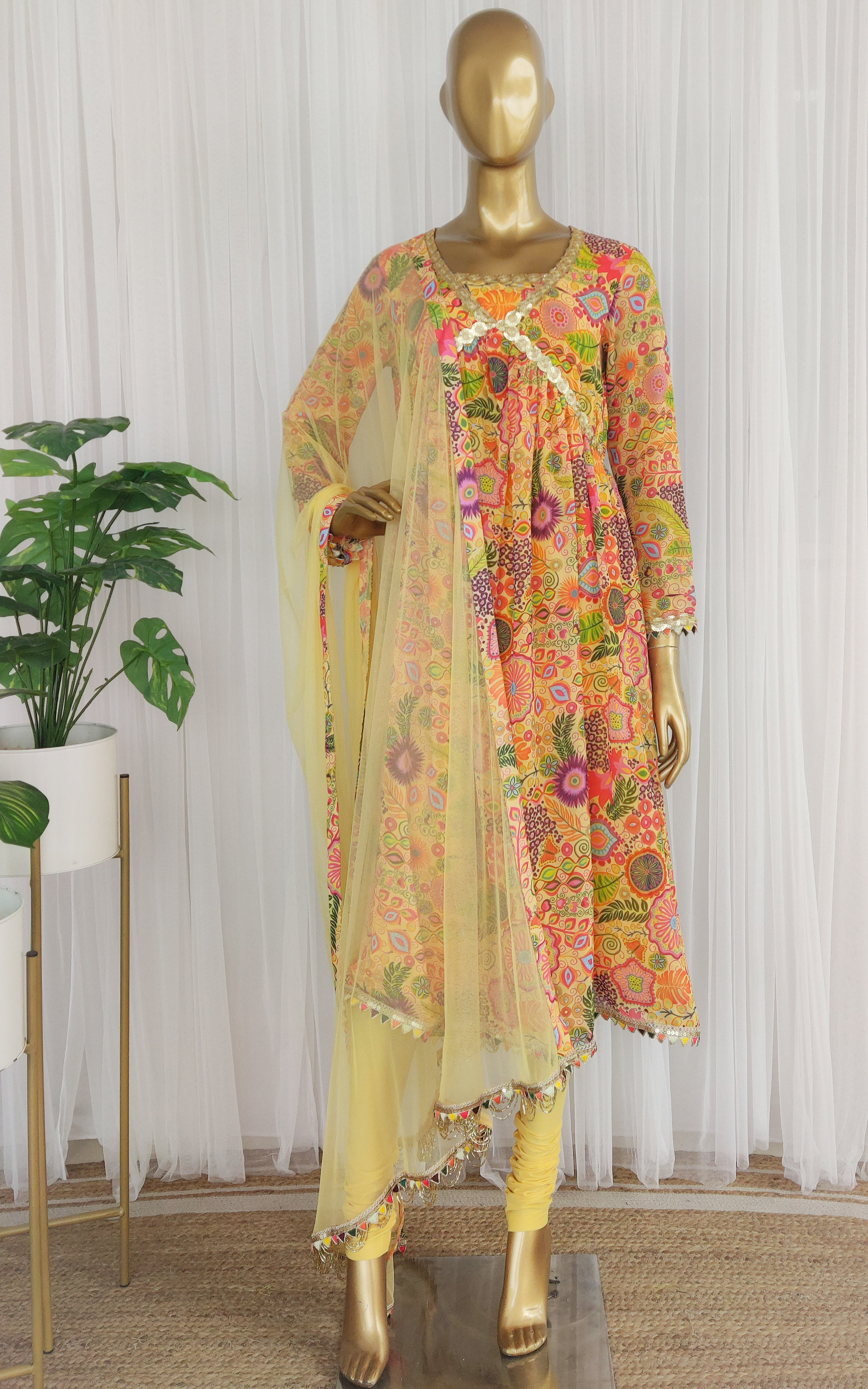 Yellow Colorful Printed Anarkali
