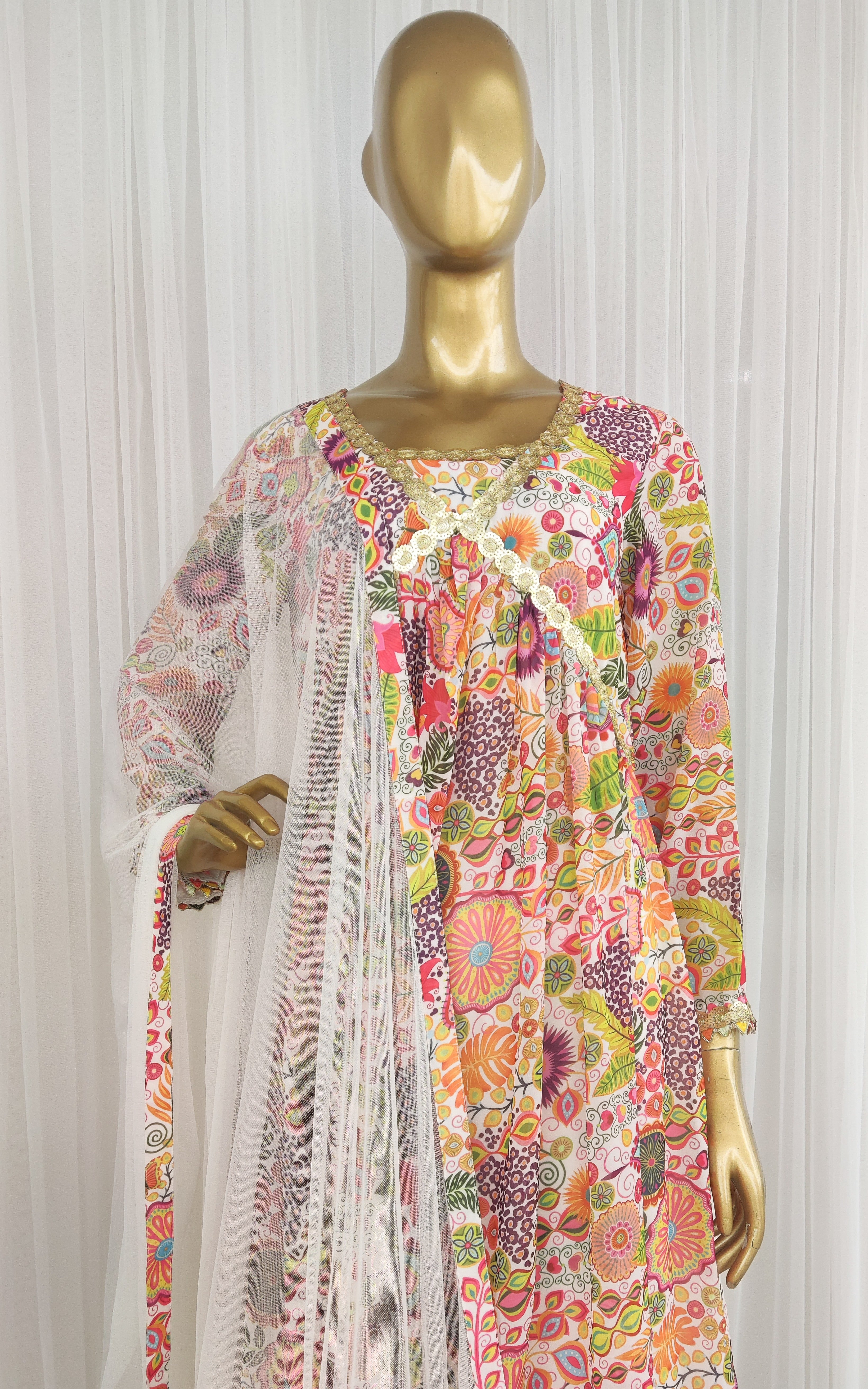 Off White Colorful Printed Anarkali