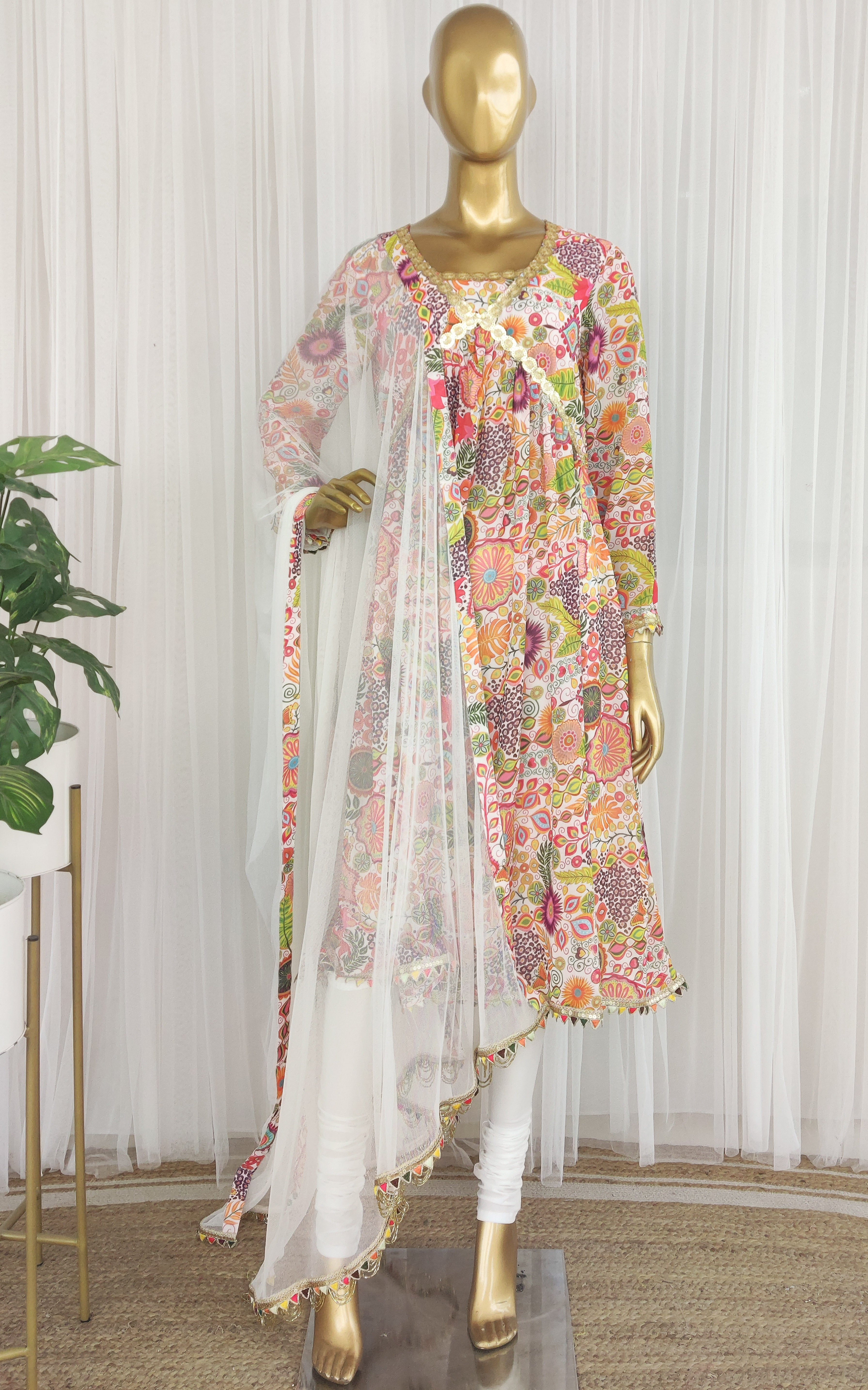 Off White Colorful Printed Anarkali