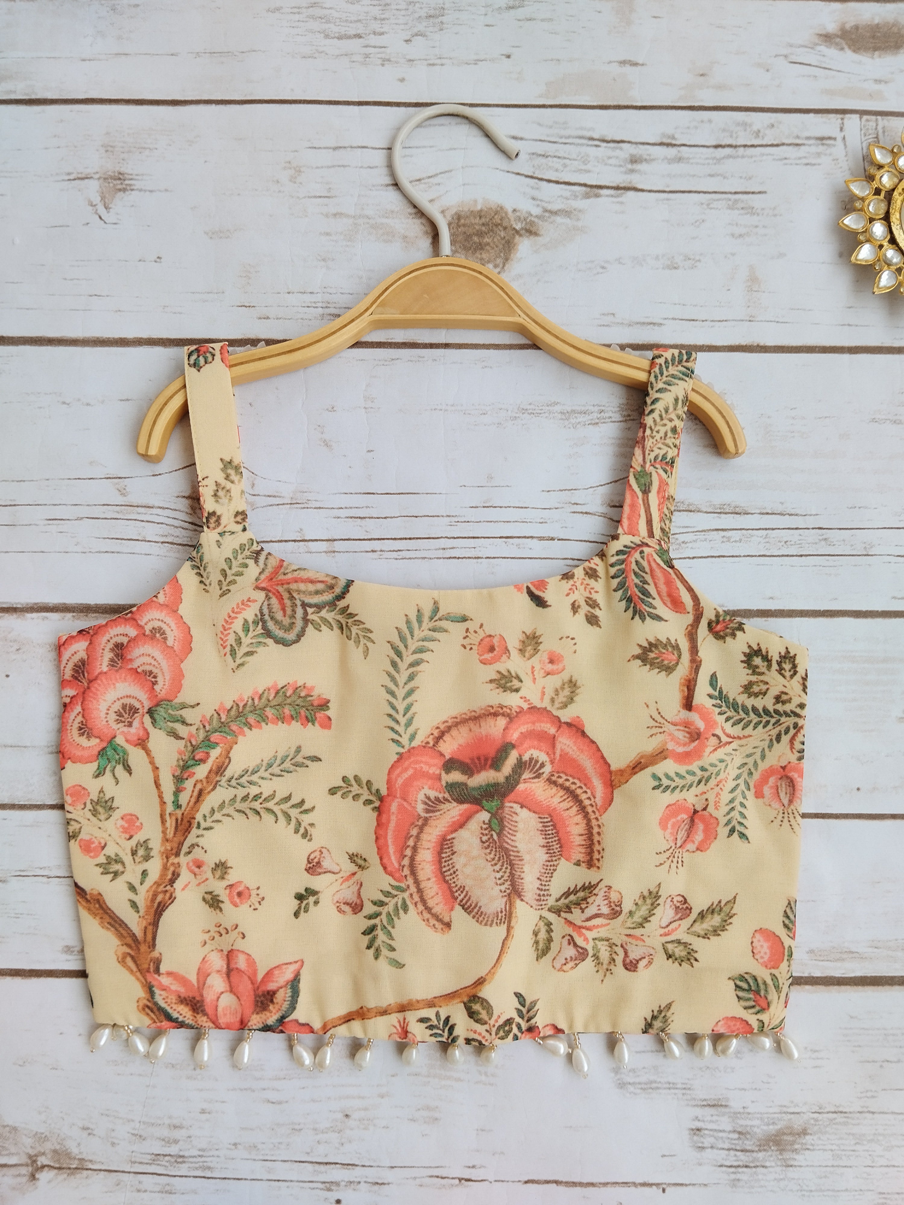 Beige Red Floral Georgette Print Kids Crop Top & Sharara Set