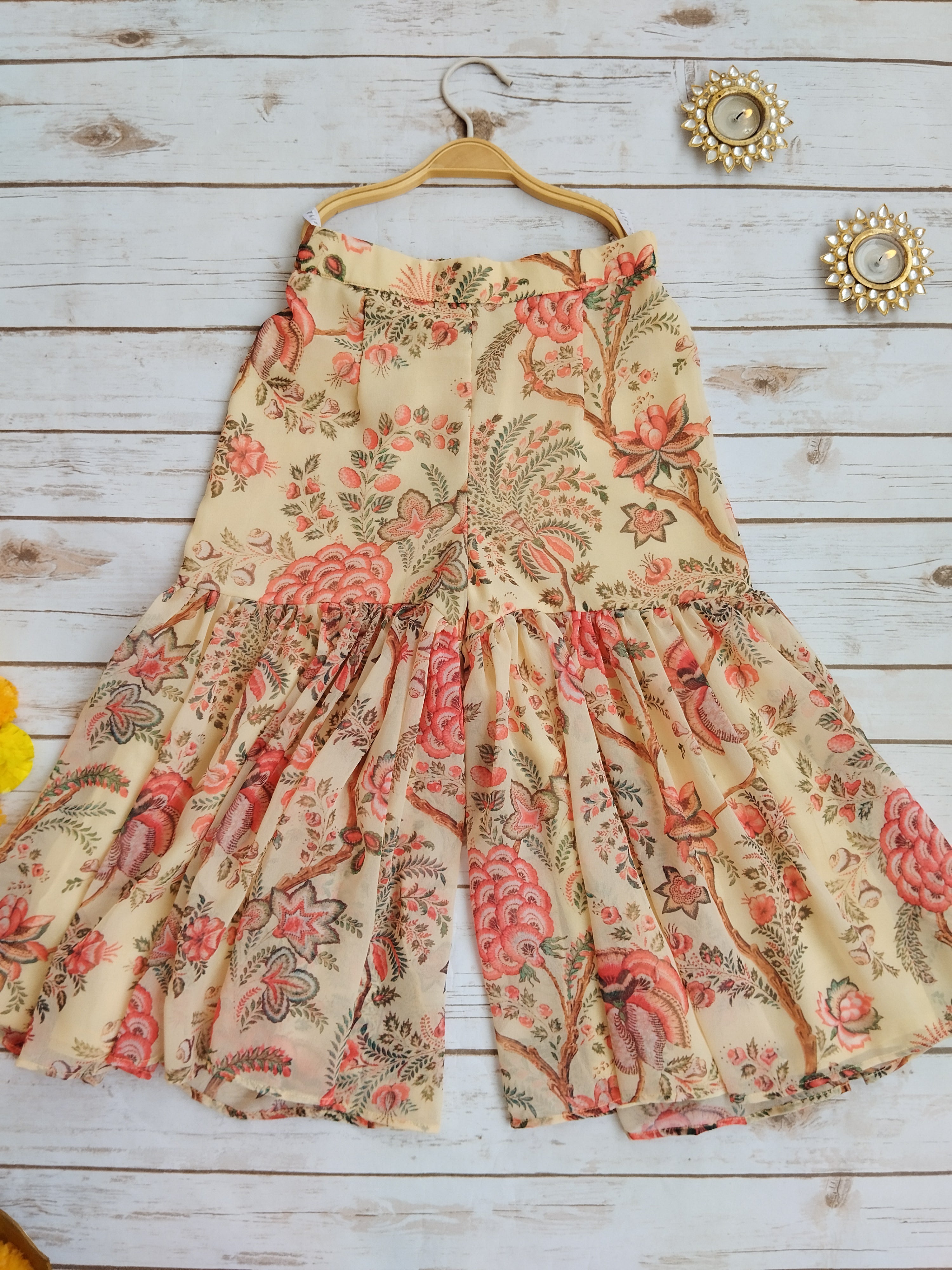 Beige Red Floral Georgette Print Kids Crop Top & Sharara Set