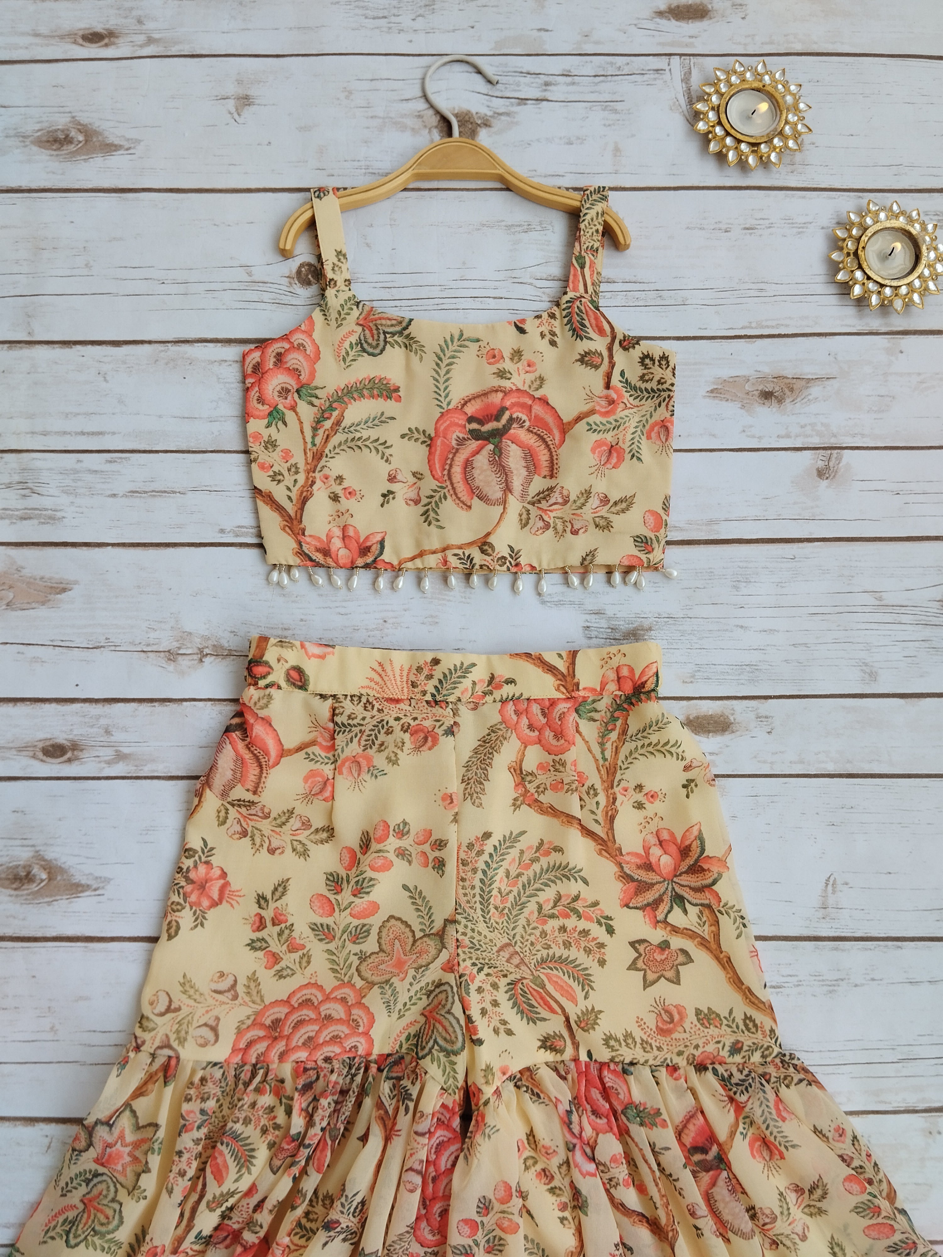 Beige Red Floral Georgette Print Kids Crop Top & Sharara Set