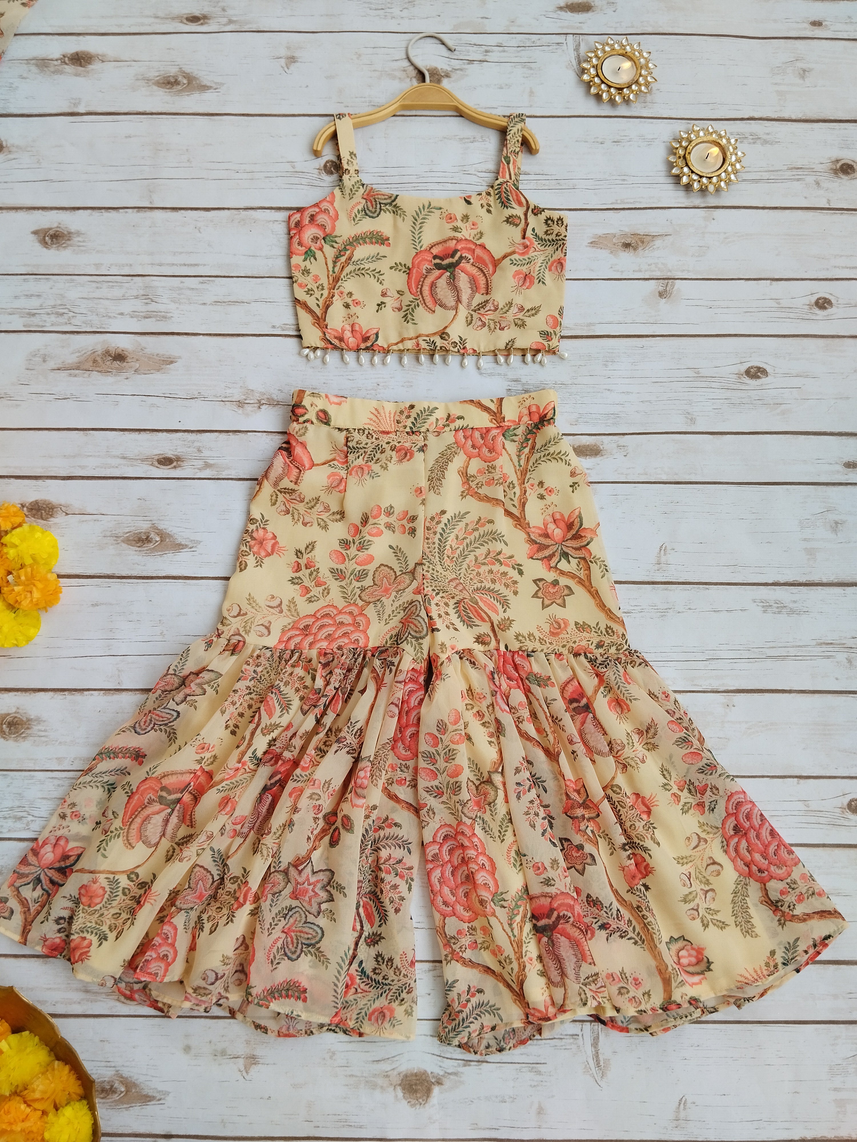 Beige Red Floral Georgette Print Kids Crop Top & Sharara Set