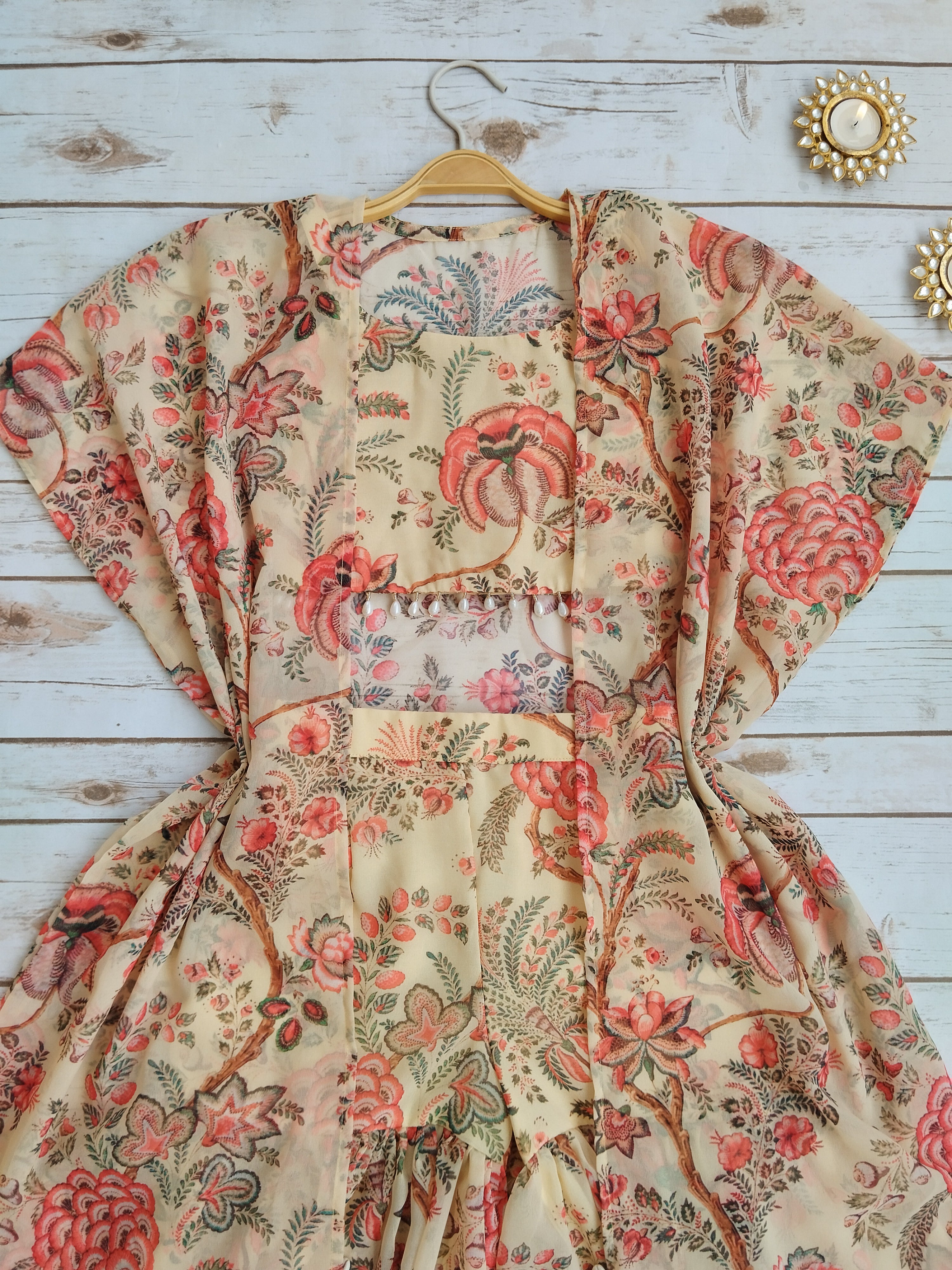 Beige Red Floral Georgette Print Kids Crop Top & Sharara Set