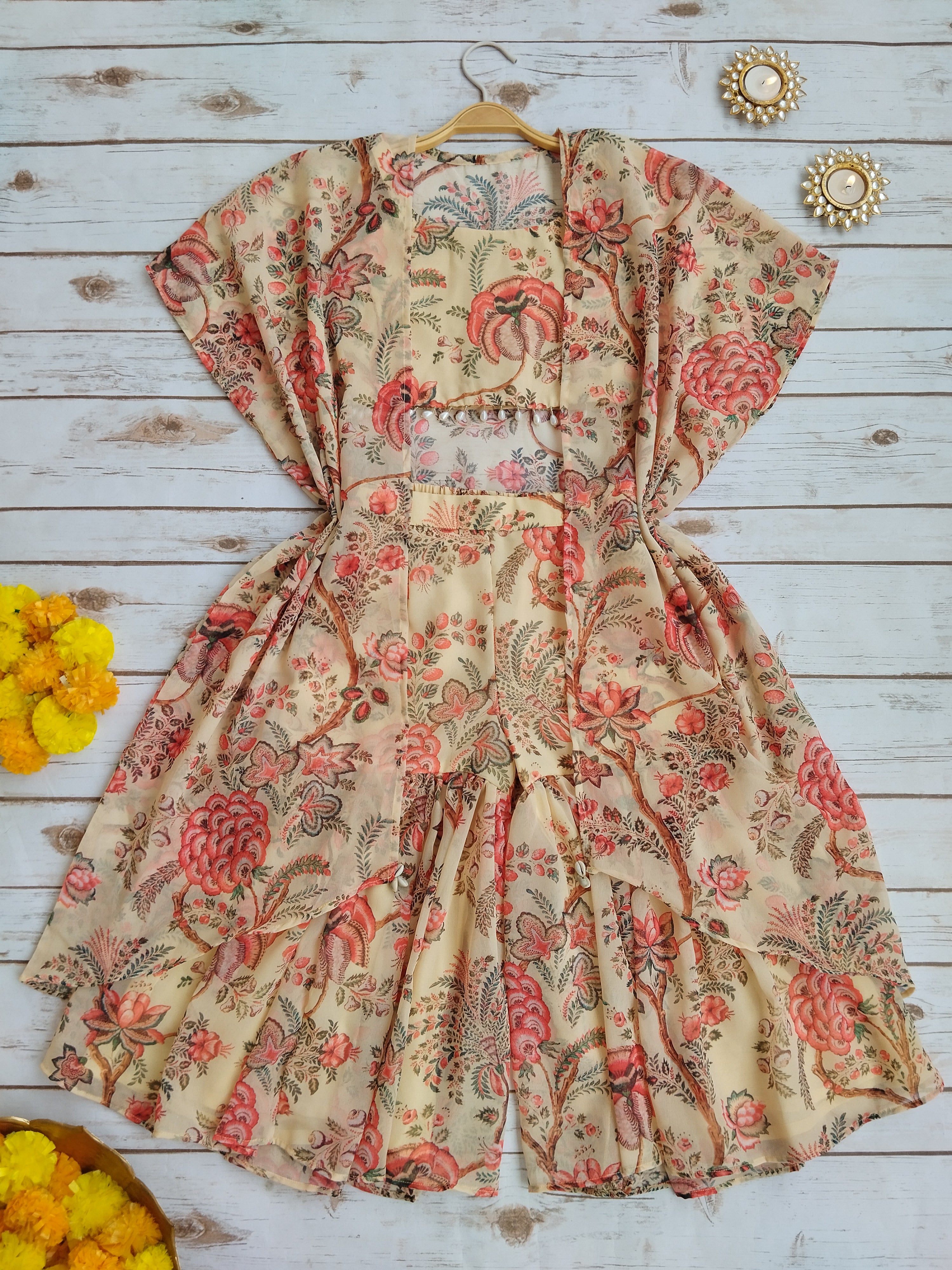 Beige Red Floral Georgette Print Kids Crop Top & Sharara Set