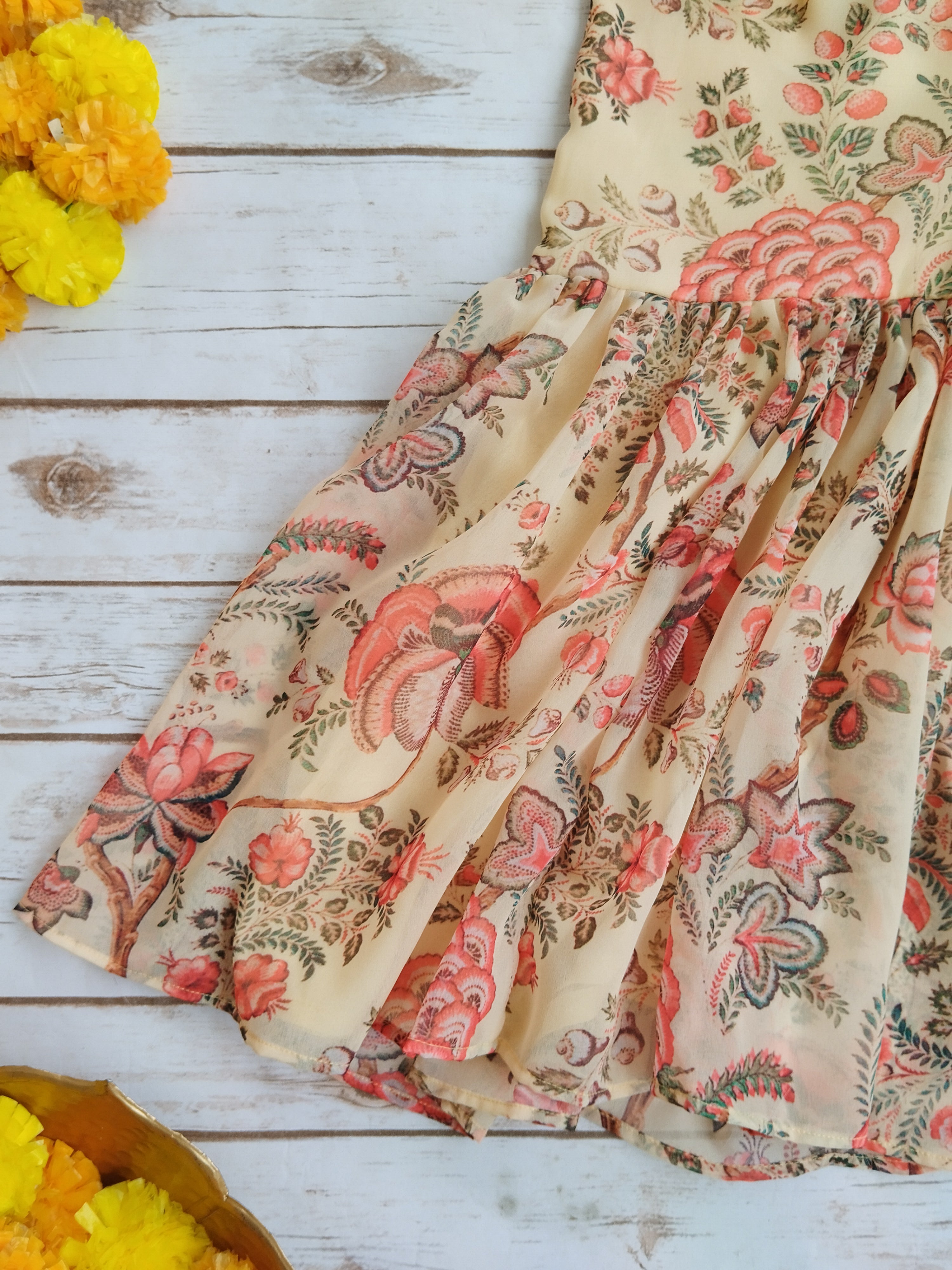 Beige Red Floral Georgette Print Kids Crop Top & Sharara Set