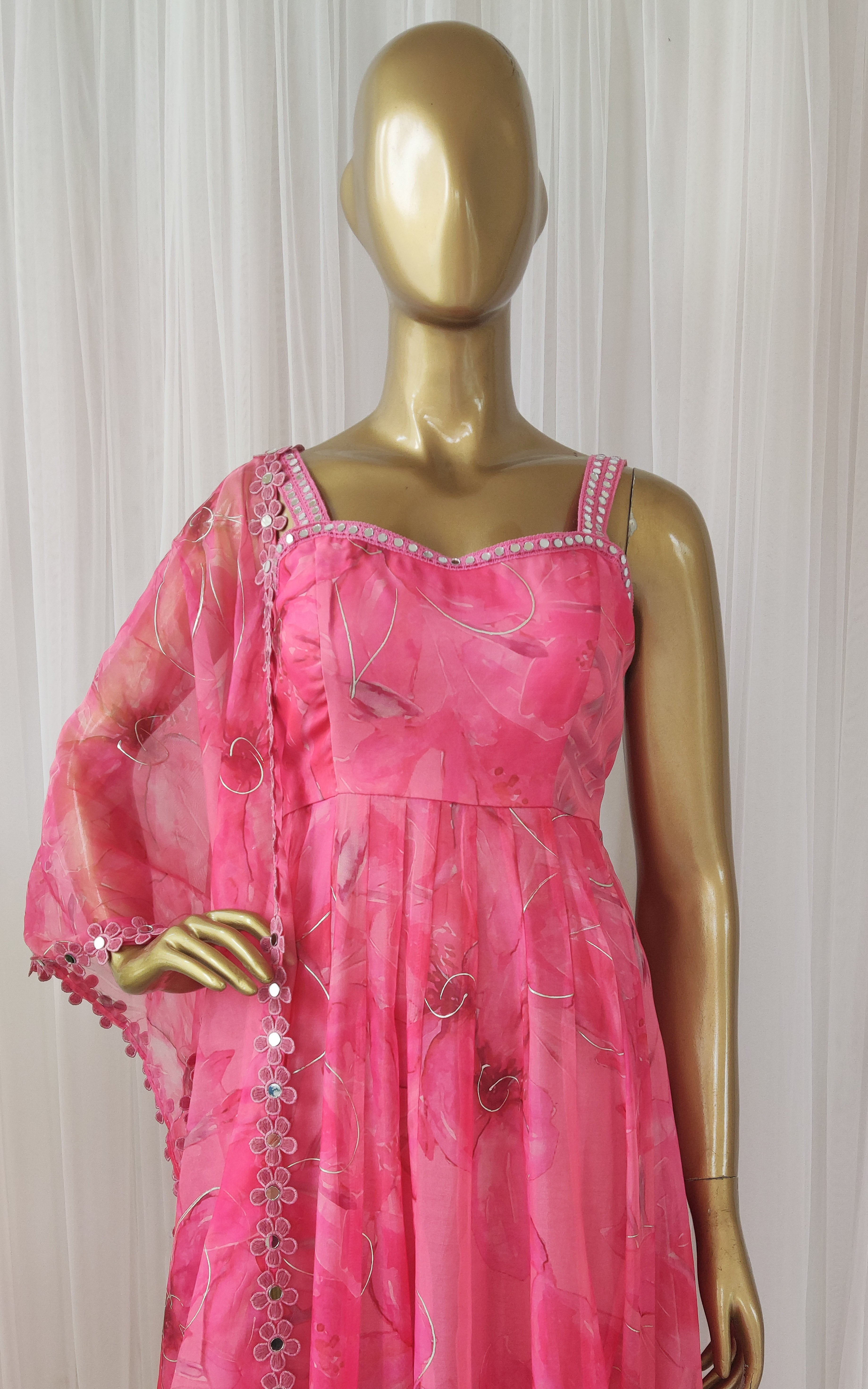 Pink Floral Handprinted Organza Mirrorwork Anarkali