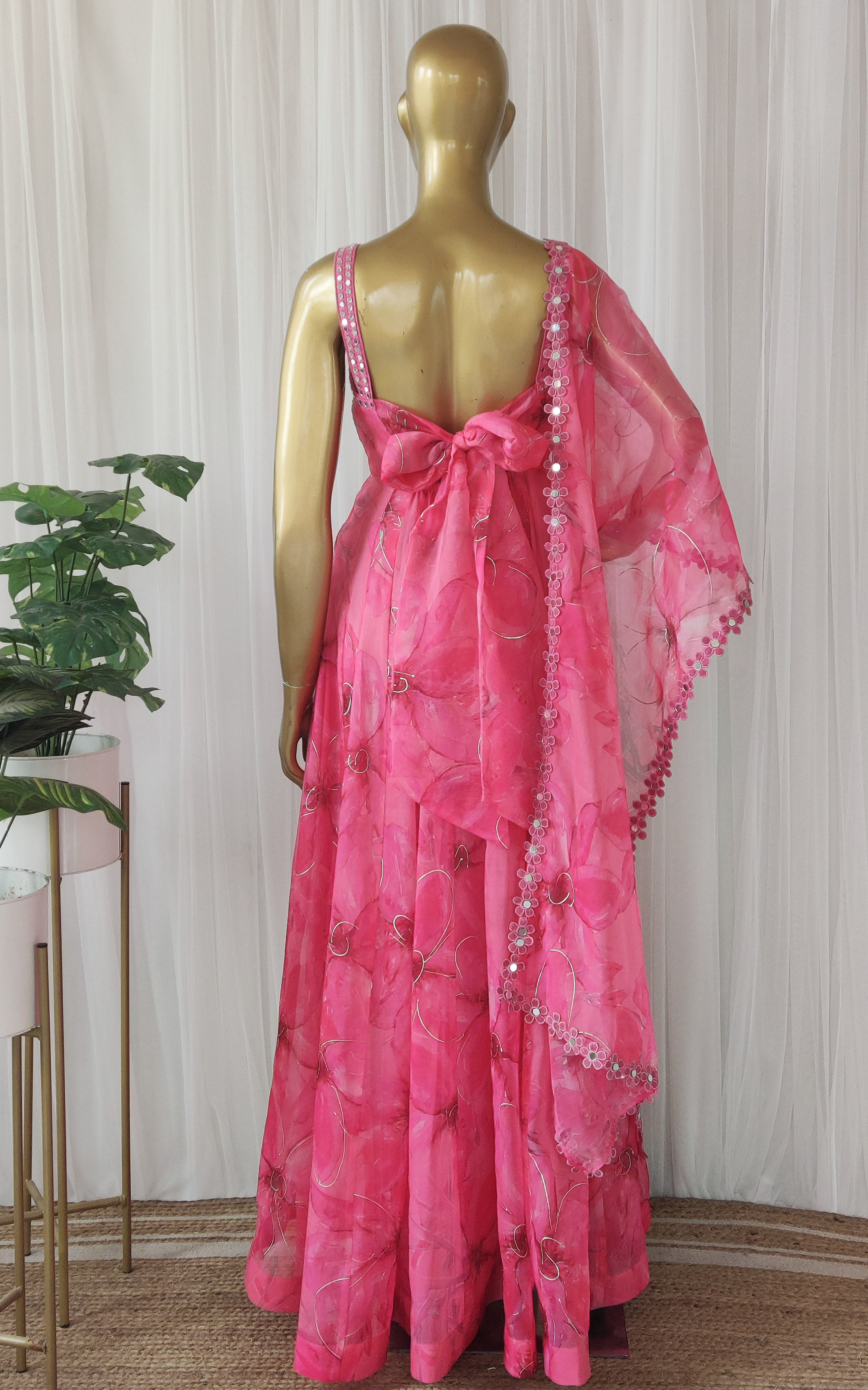 Pink Floral Handprinted Organza Mirrorwork Anarkali