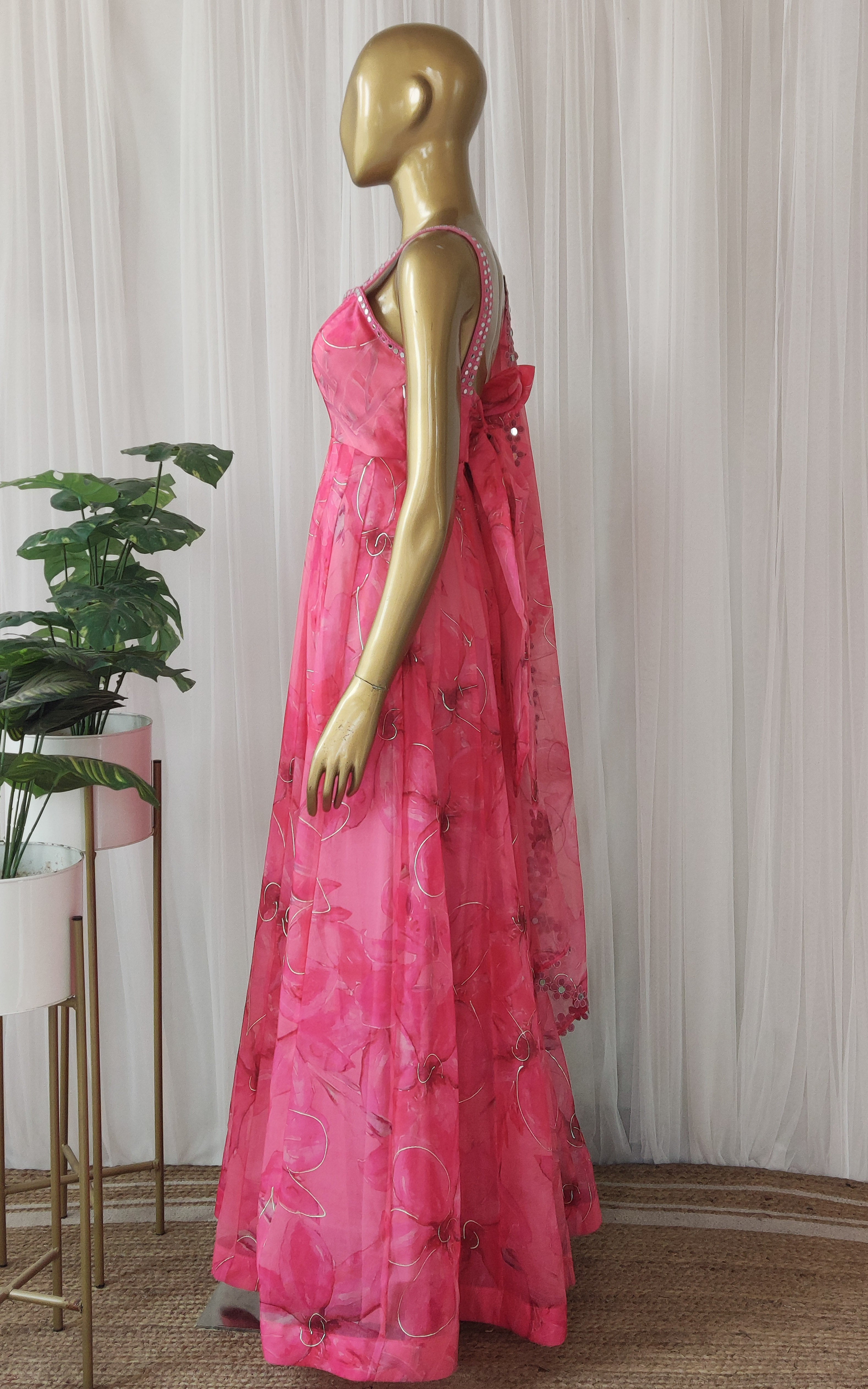 Pink Floral Handprinted Organza Mirrorwork Anarkali