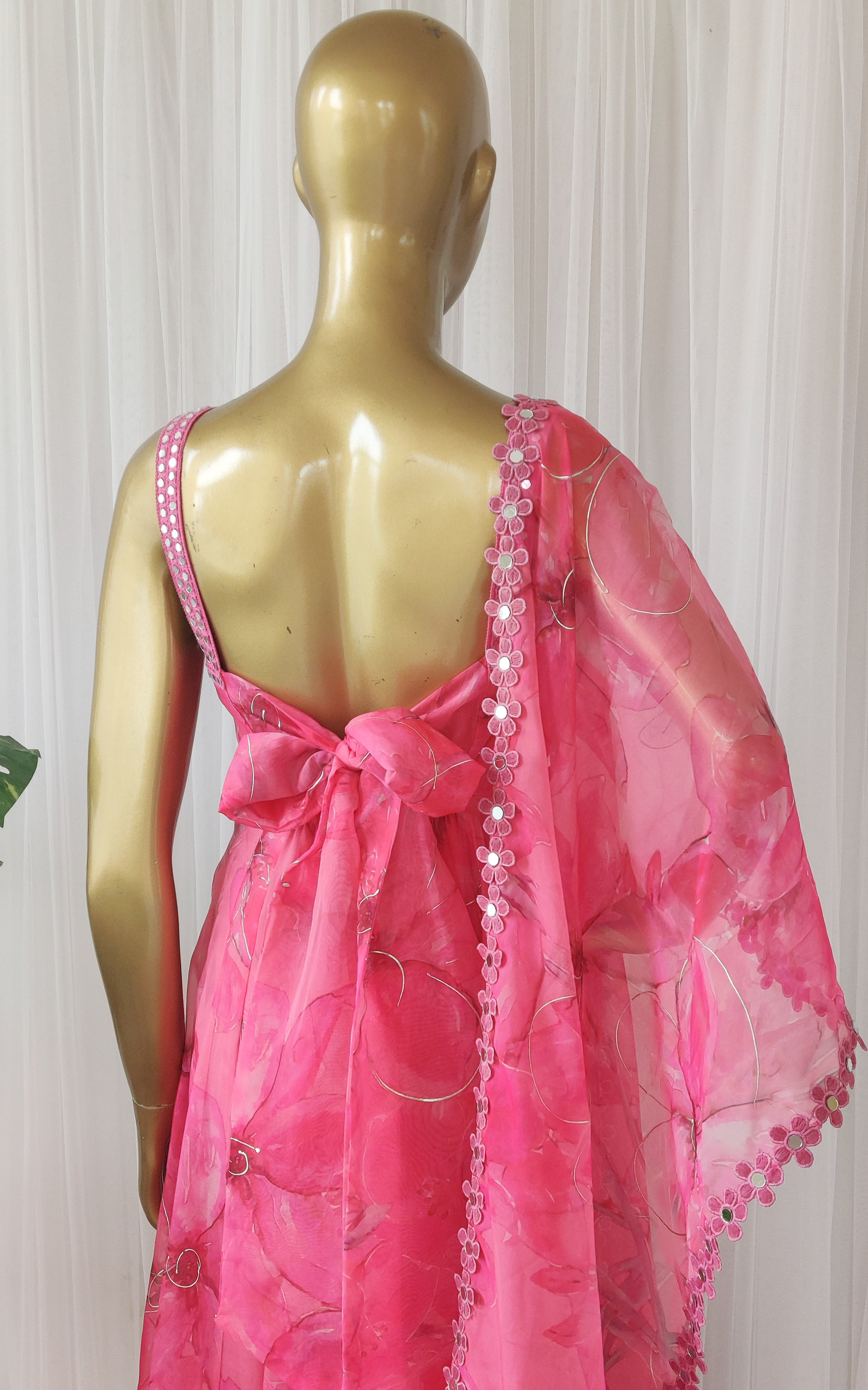 Pink Floral Handprinted Organza Mirrorwork Anarkali