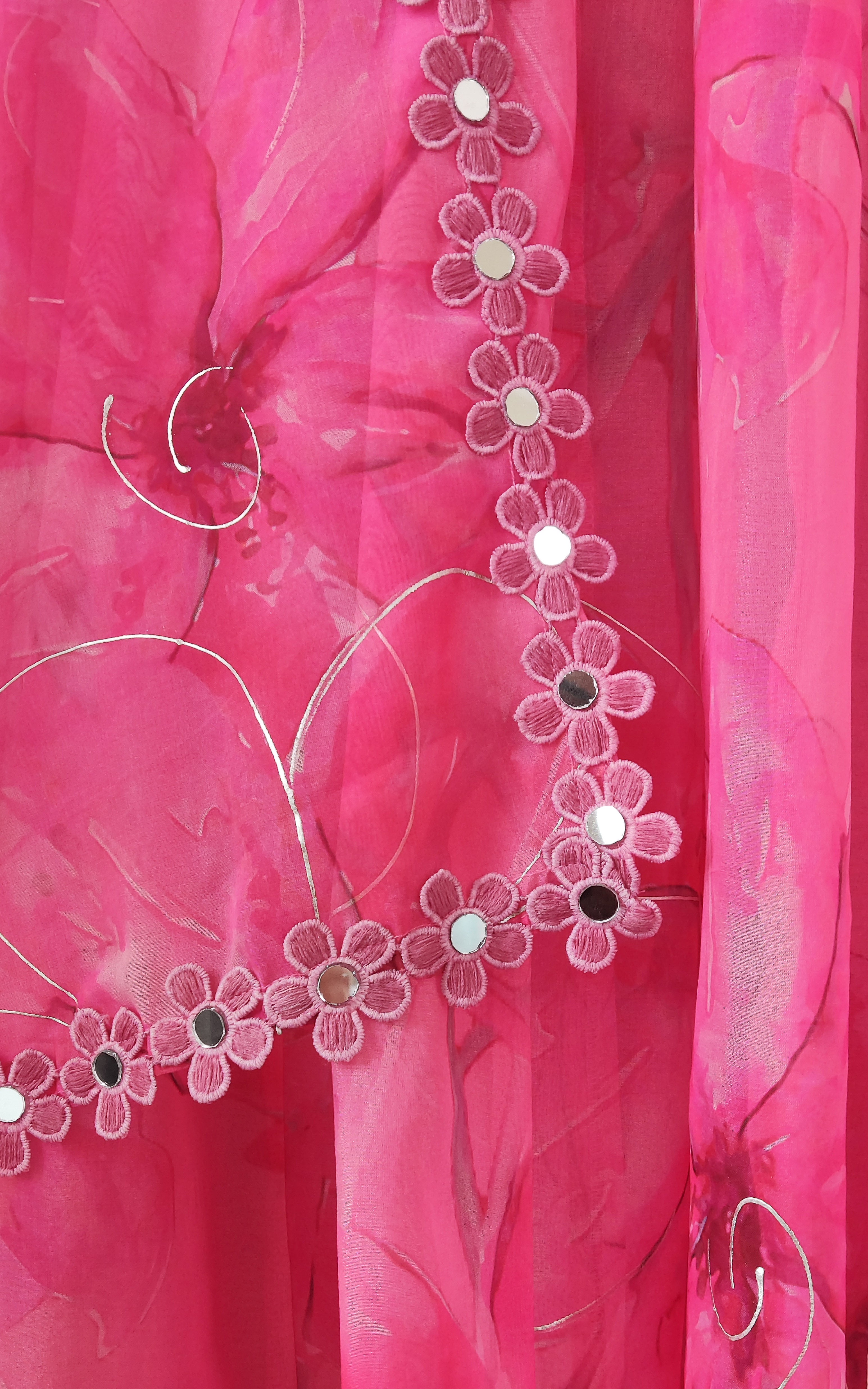 Pink Floral Handprinted Organza Mirrorwork Anarkali
