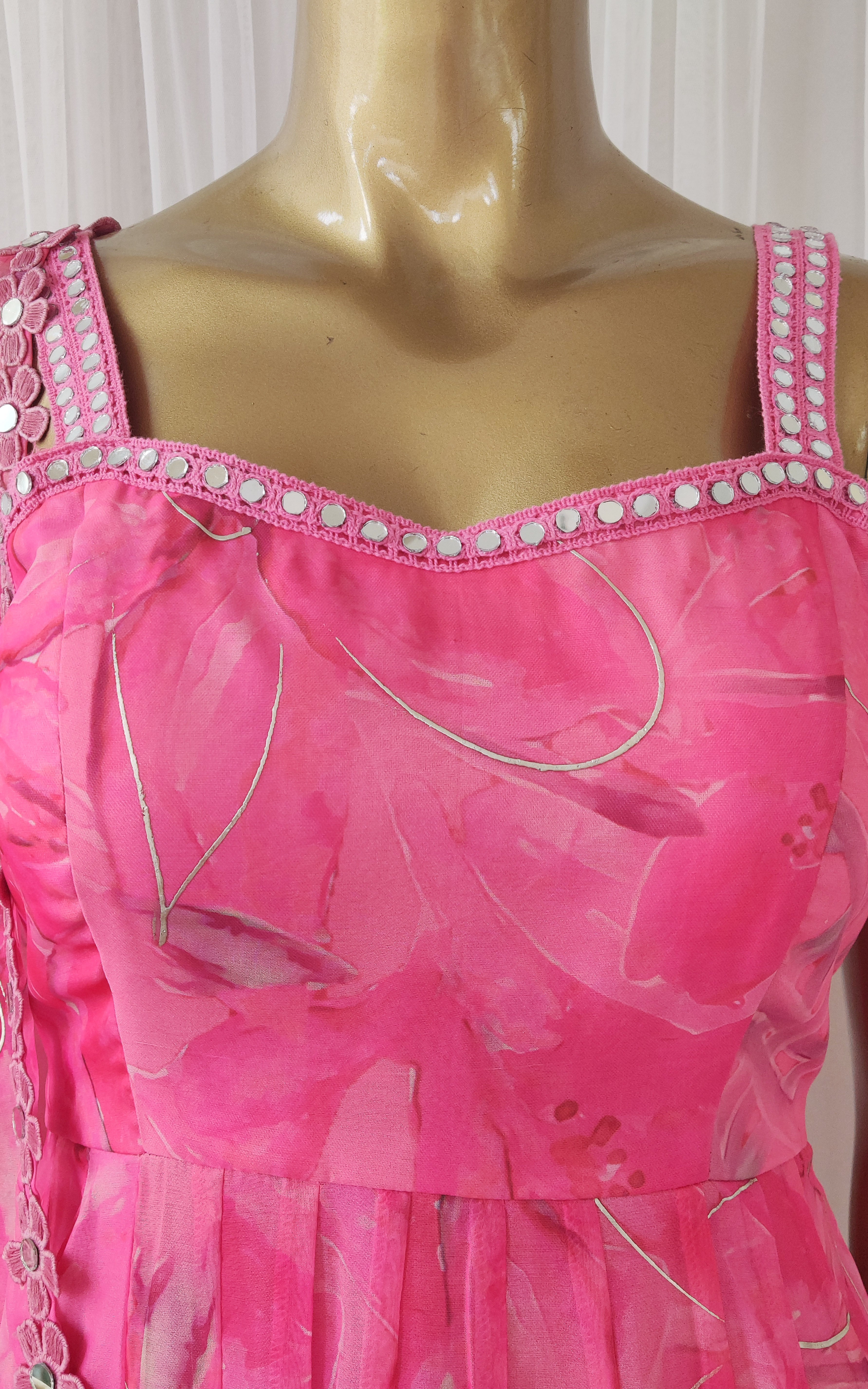 Pink Floral Handprinted Organza Mirrorwork Anarkali