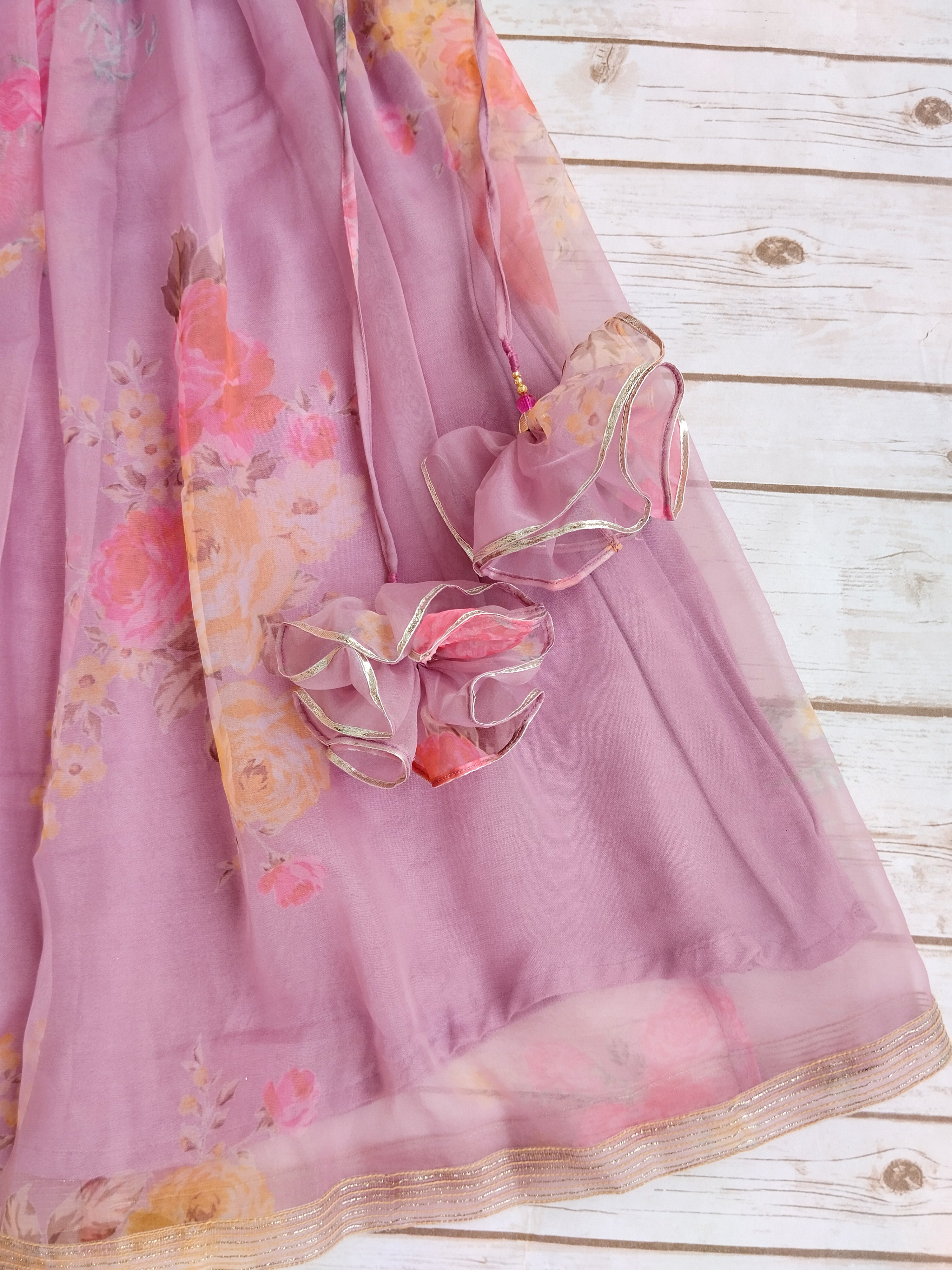 Onion Pink Flower Mirrorwork Organza Kids Lehenga