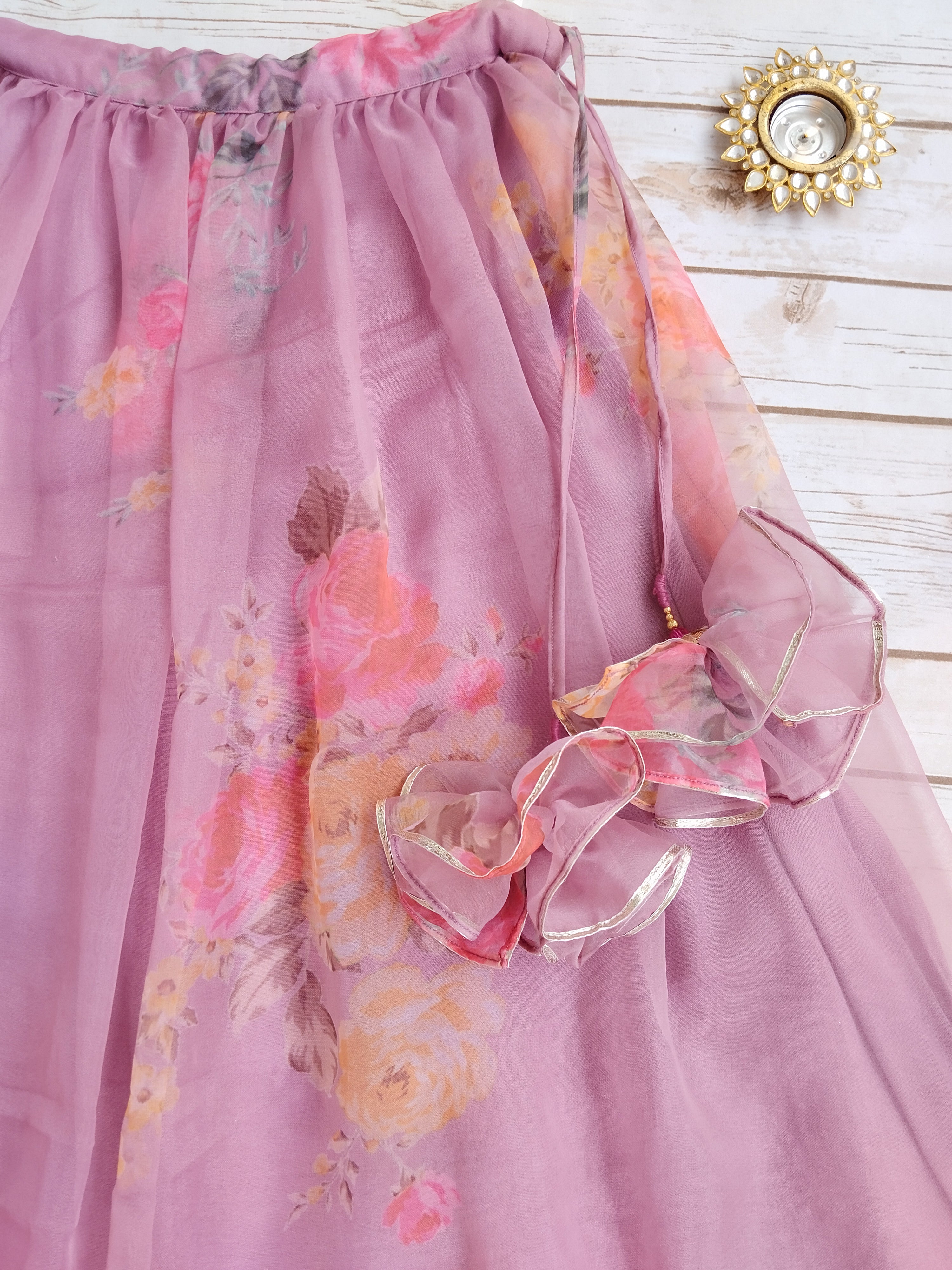 Onion Pink Flower Mirrorwork Organza Kids Lehenga