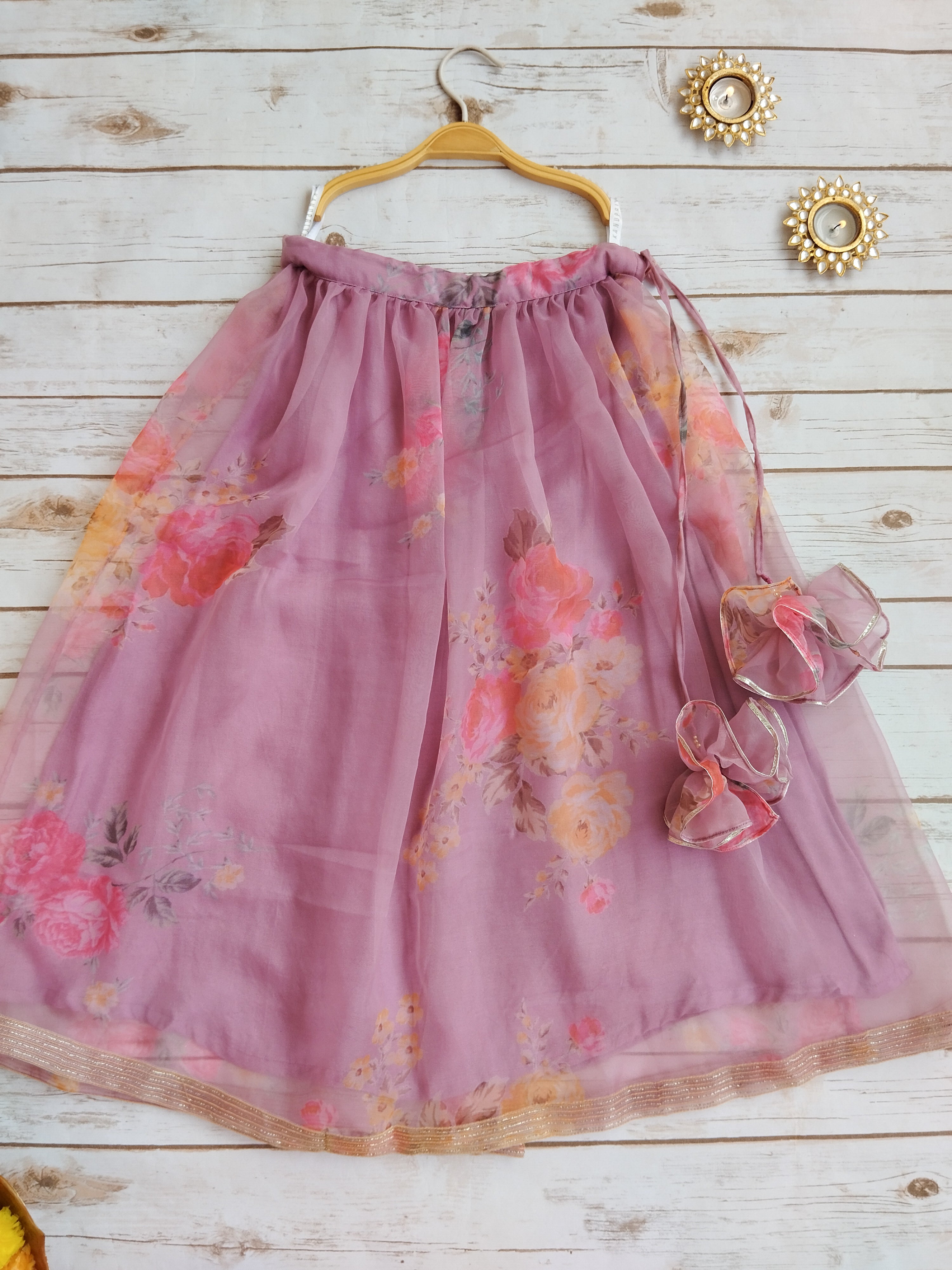 Onion Pink Flower Mirrorwork Organza Kids Lehenga