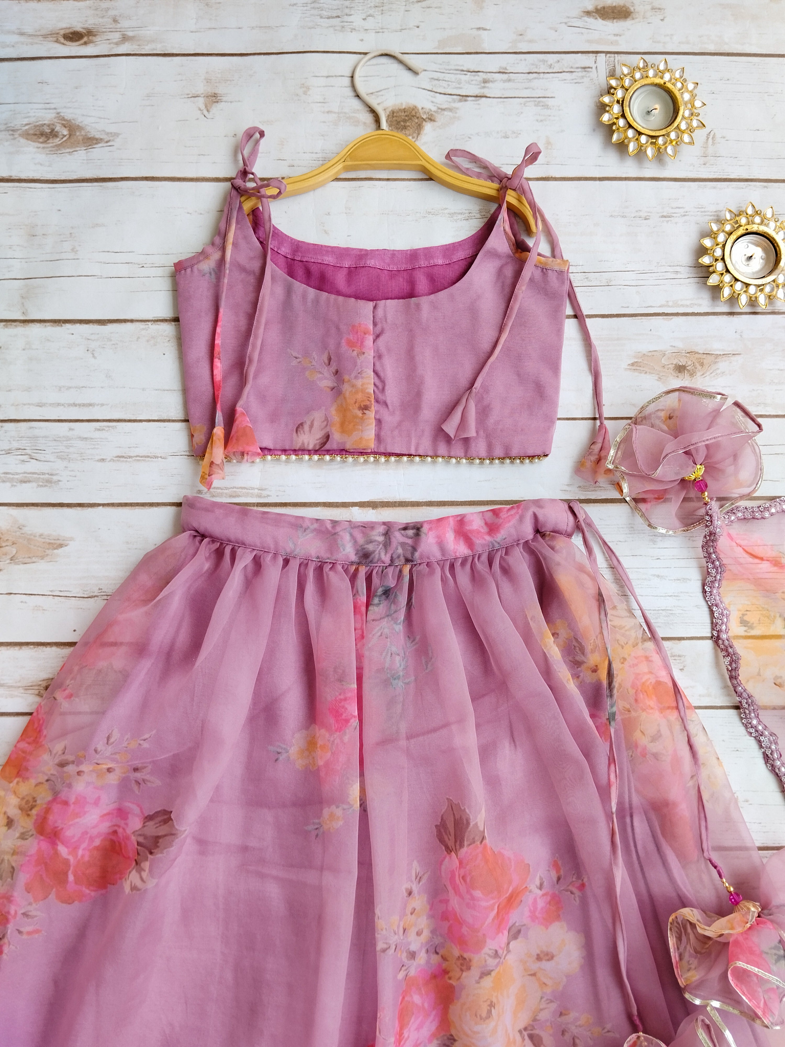 Onion Pink Flower Mirrorwork Organza Kids Lehenga