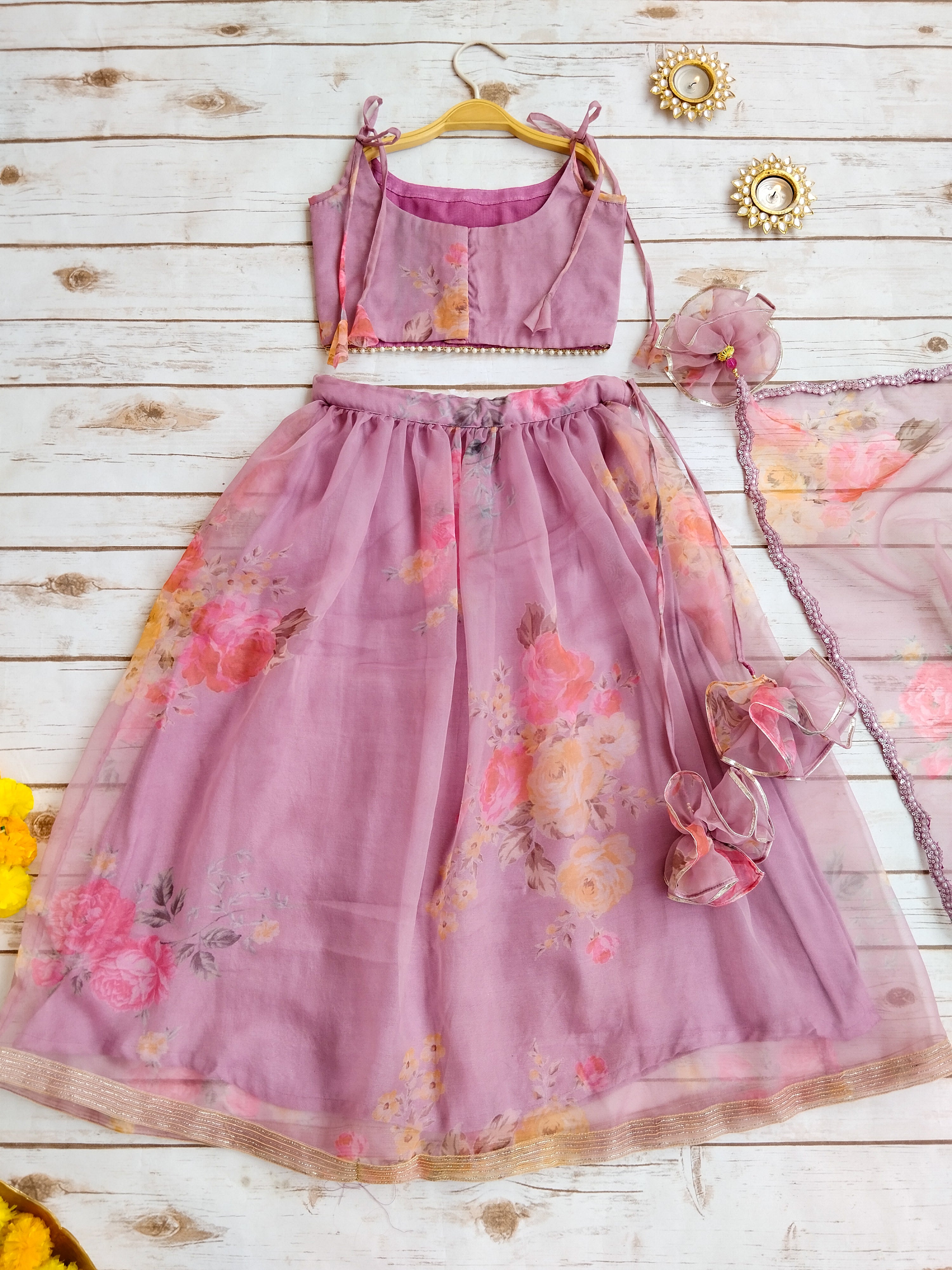 Onion Pink Flower Mirrorwork Organza Kids Lehenga