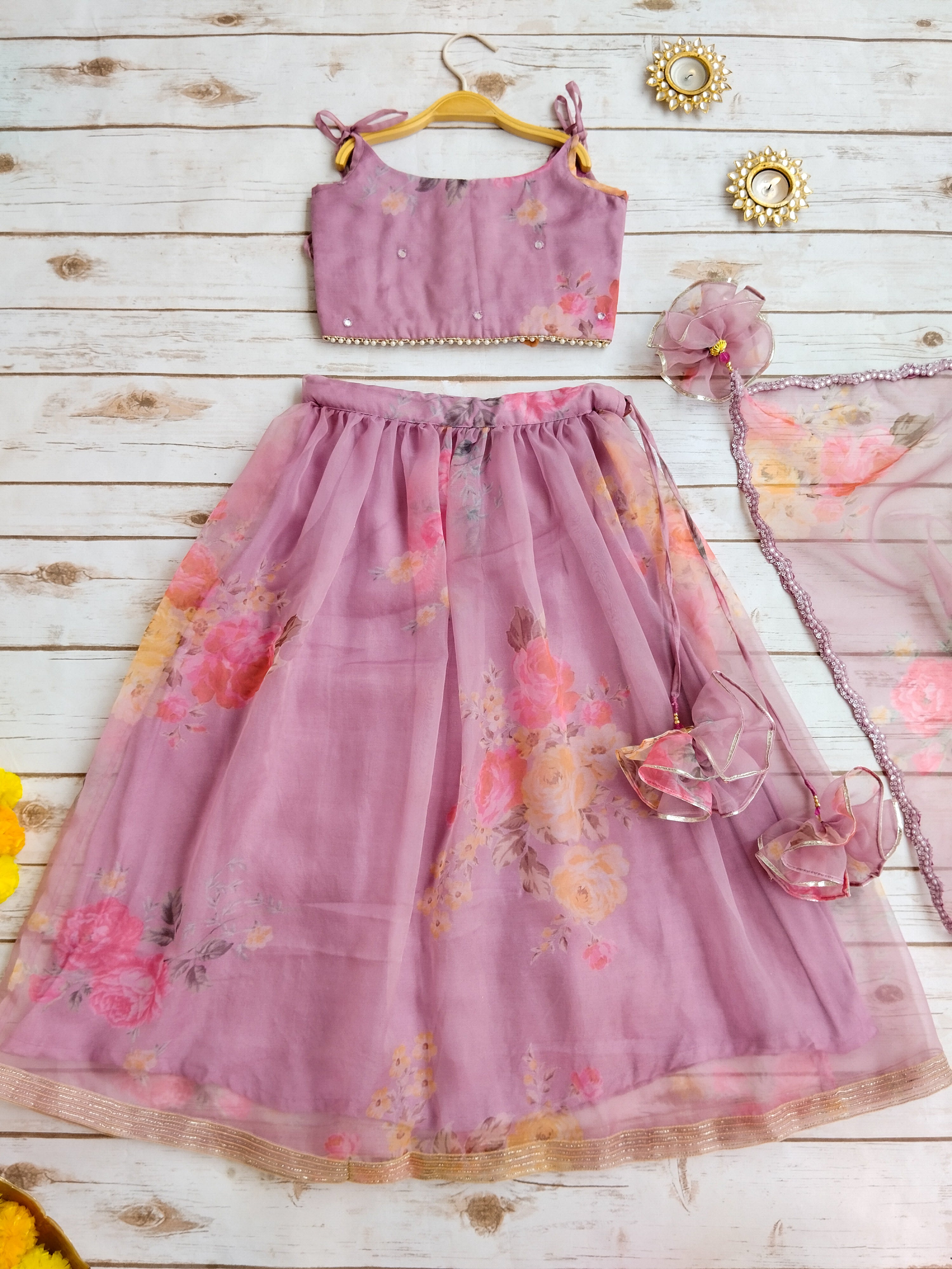 Onion Pink Flower Mirrorwork Organza Kids Lehenga