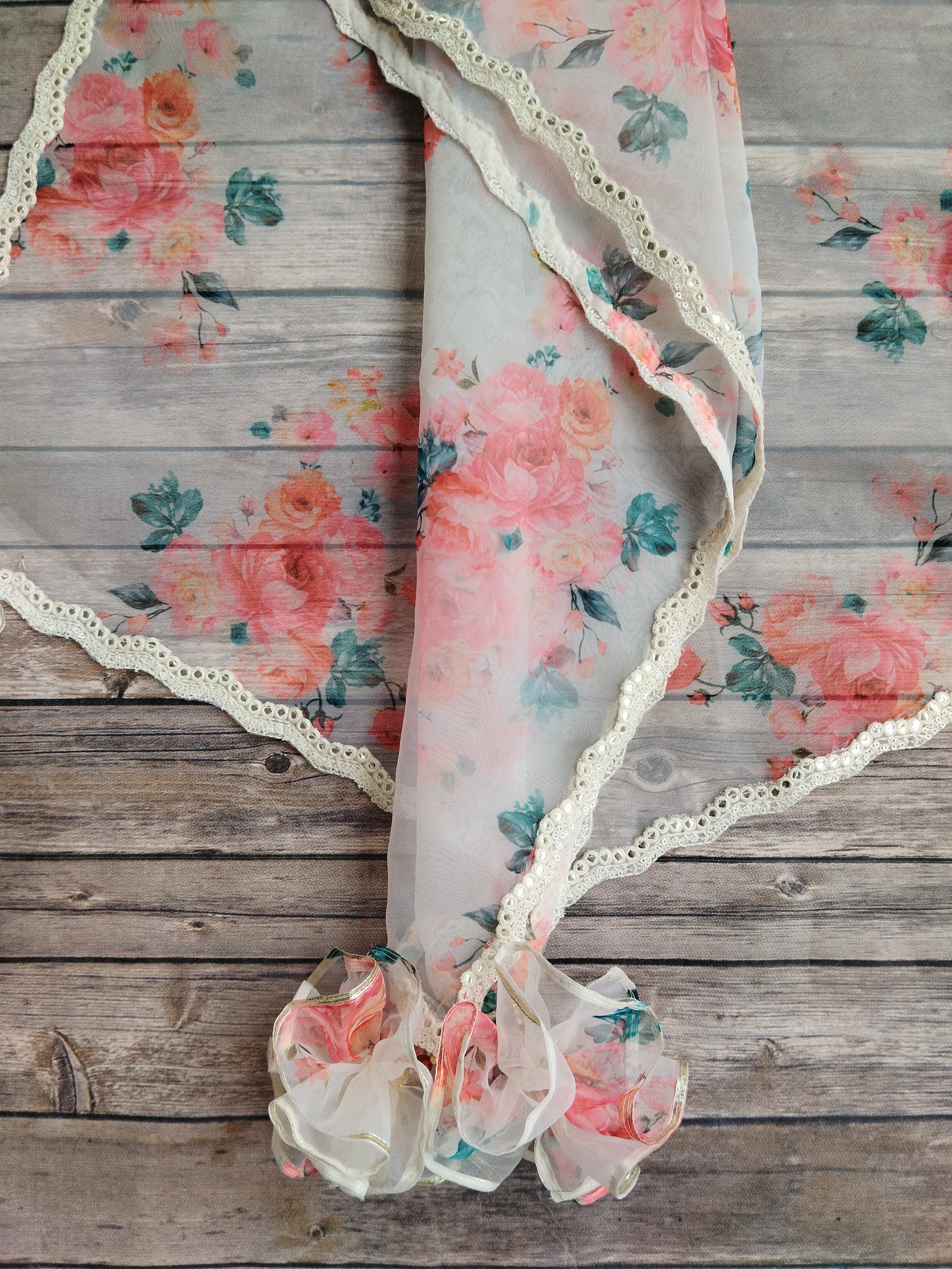 Off White Red Flower Mirrorwork Organza Kids Lehenga