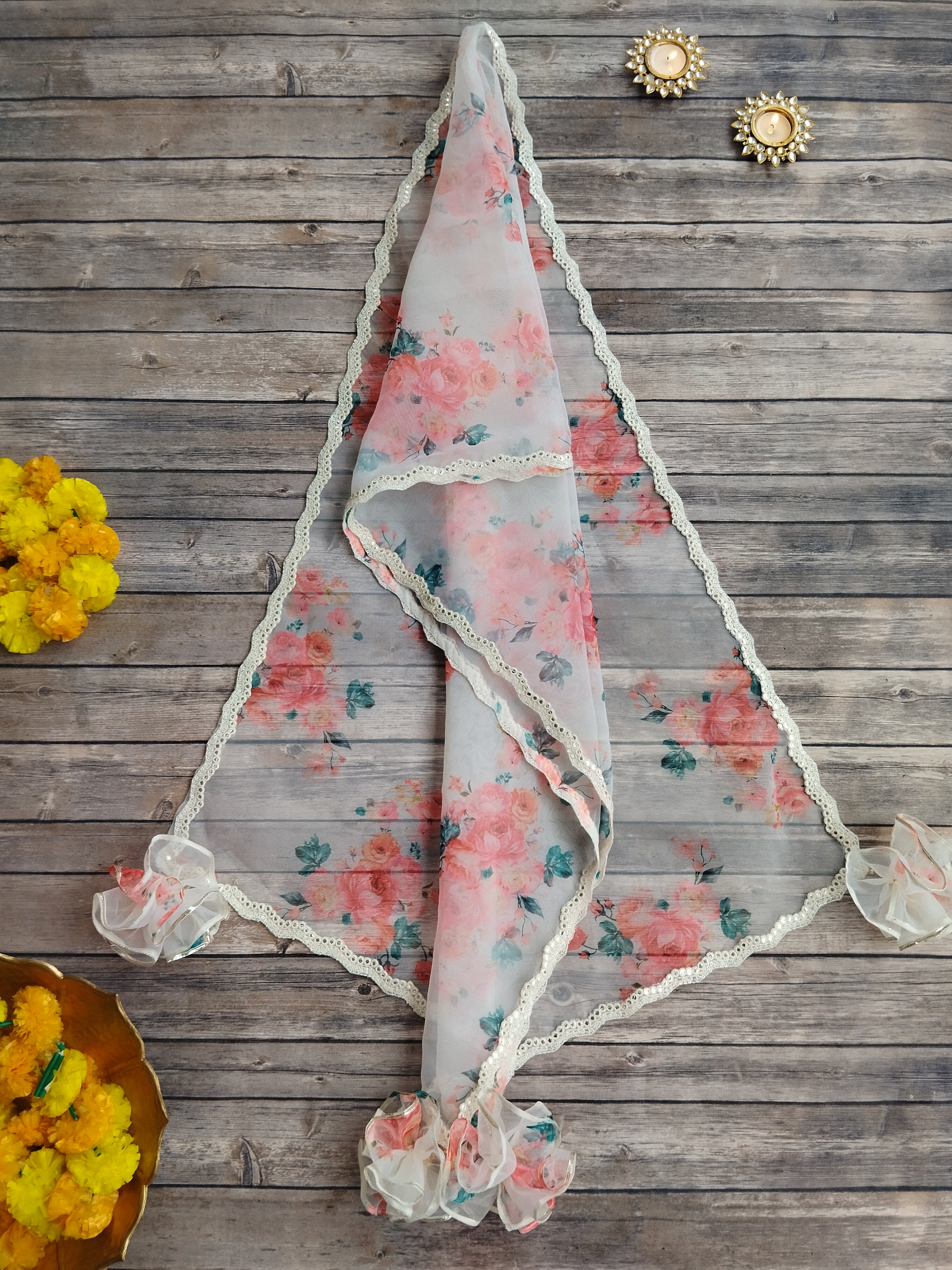 Off White Red Flower Mirrorwork Organza Kids Lehenga