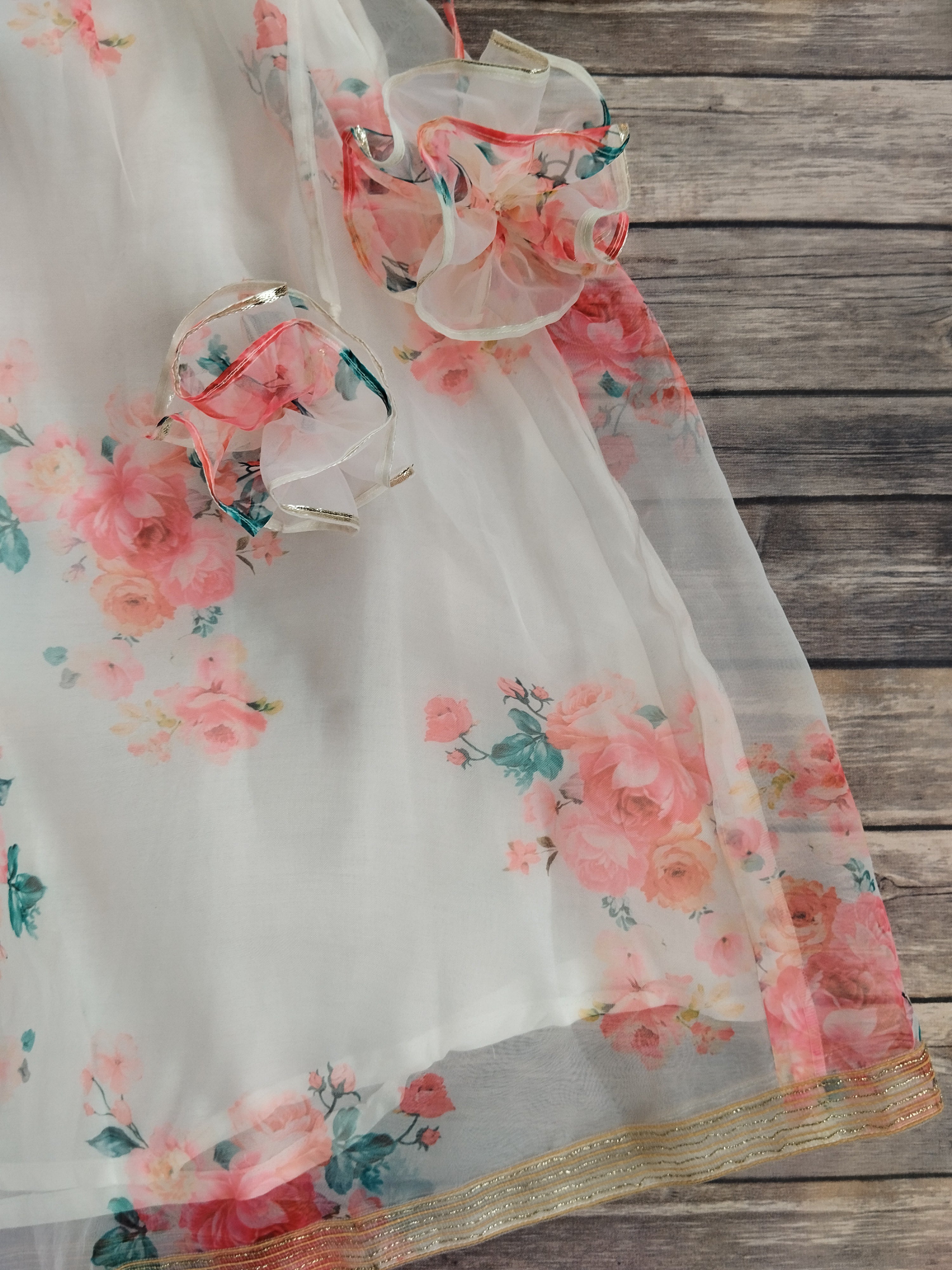 Off White Red Flower Mirrorwork Organza Kids Lehenga