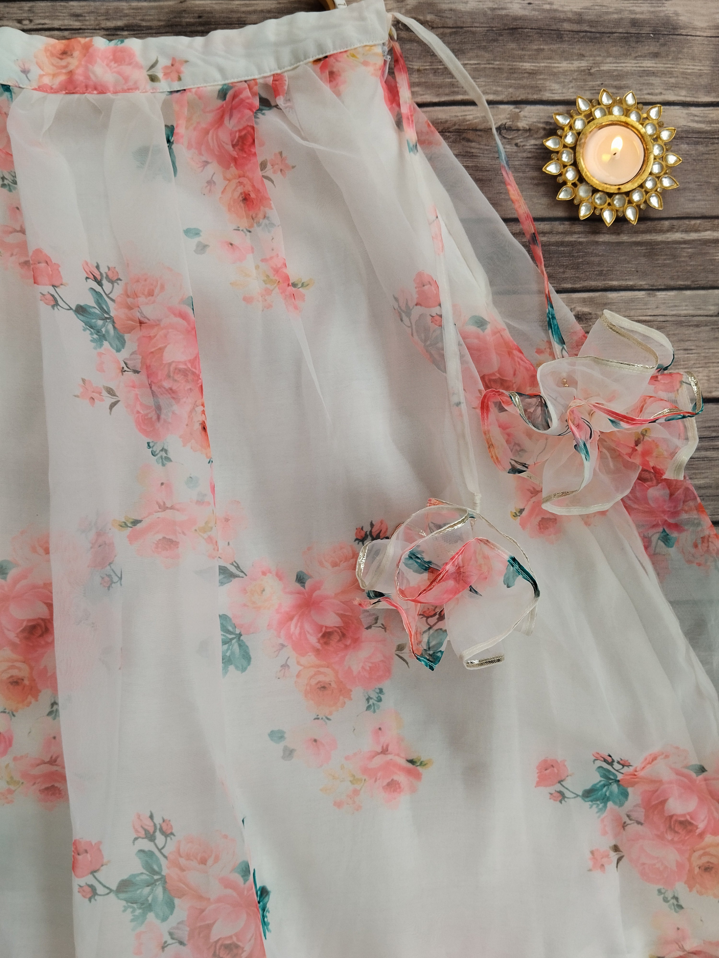 Off White Red Flower Mirrorwork Organza Kids Lehenga