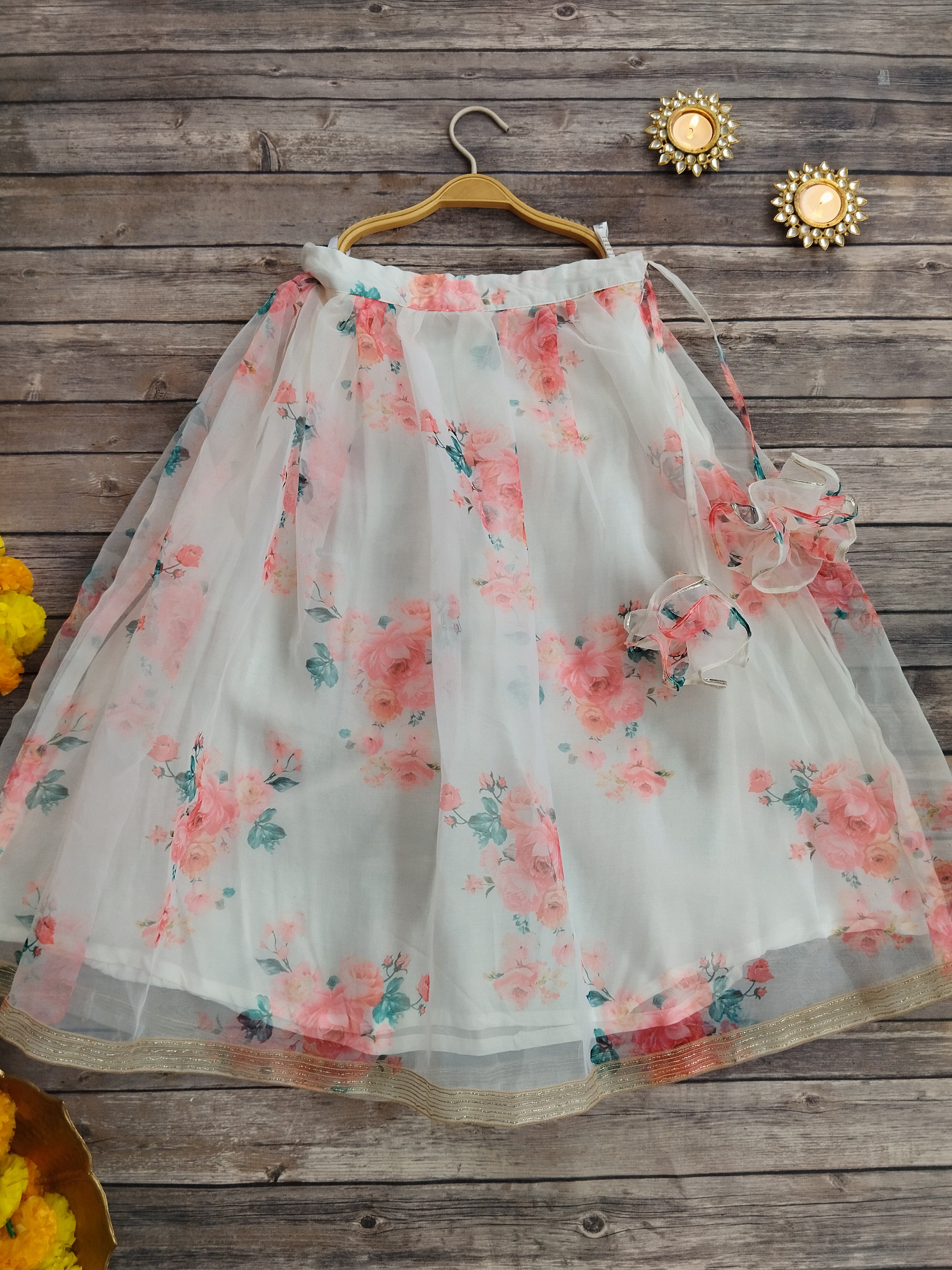 Off White Red Flower Mirrorwork Organza Kids Lehenga