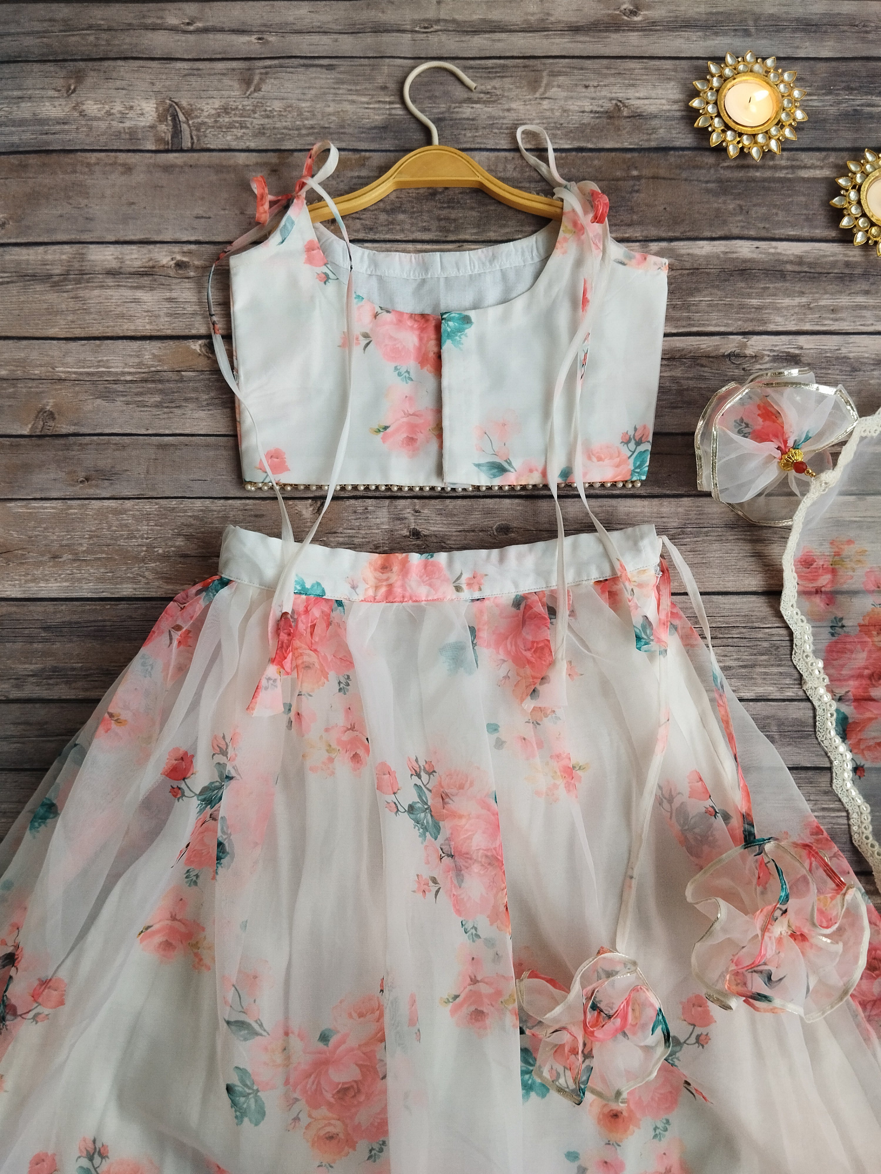 Off White Red Flower Mirrorwork Organza Kids Lehenga
