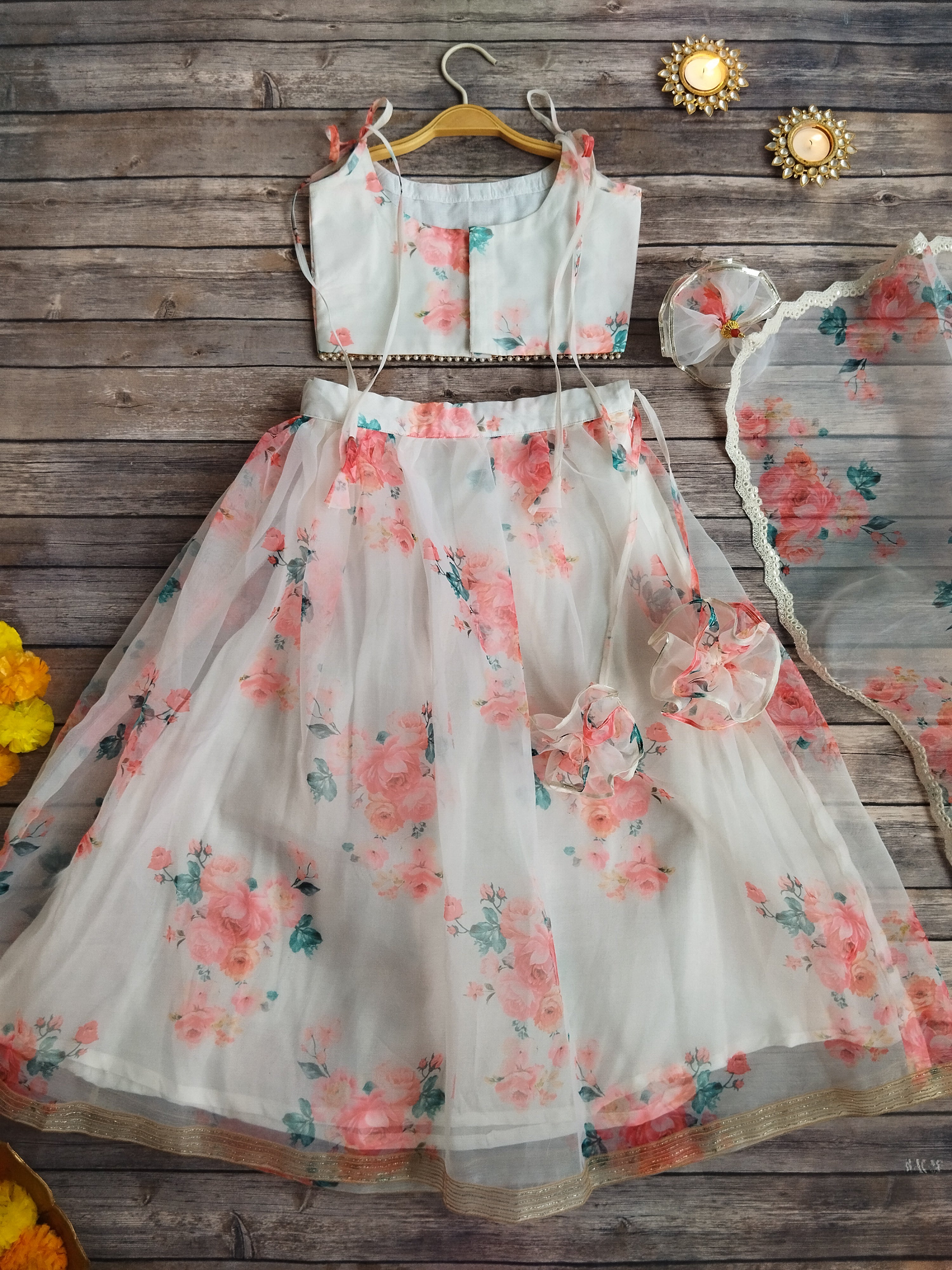Off White Red Flower Mirrorwork Organza Kids Lehenga