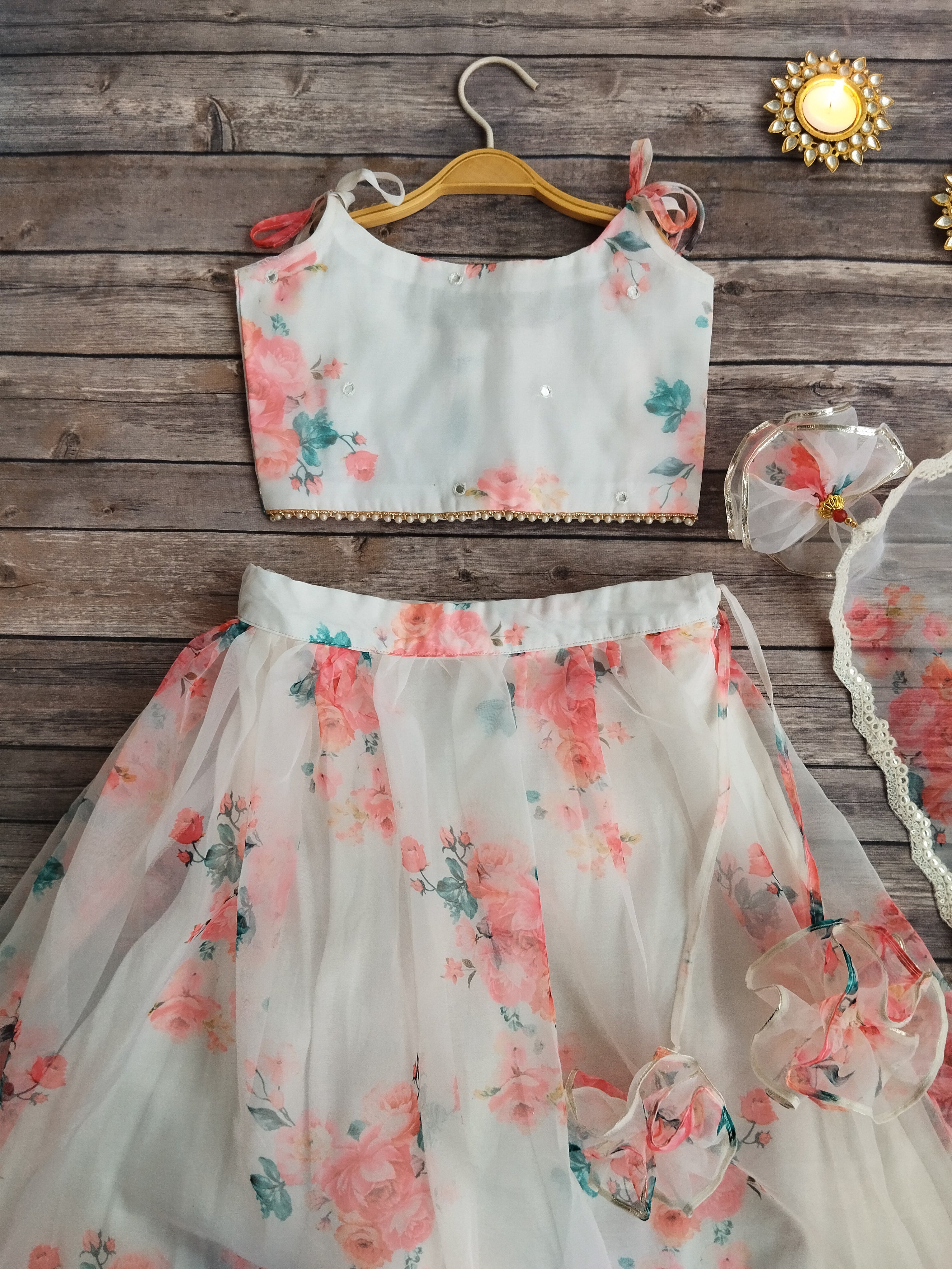 Off White Red Flower Mirrorwork Organza Kids Lehenga