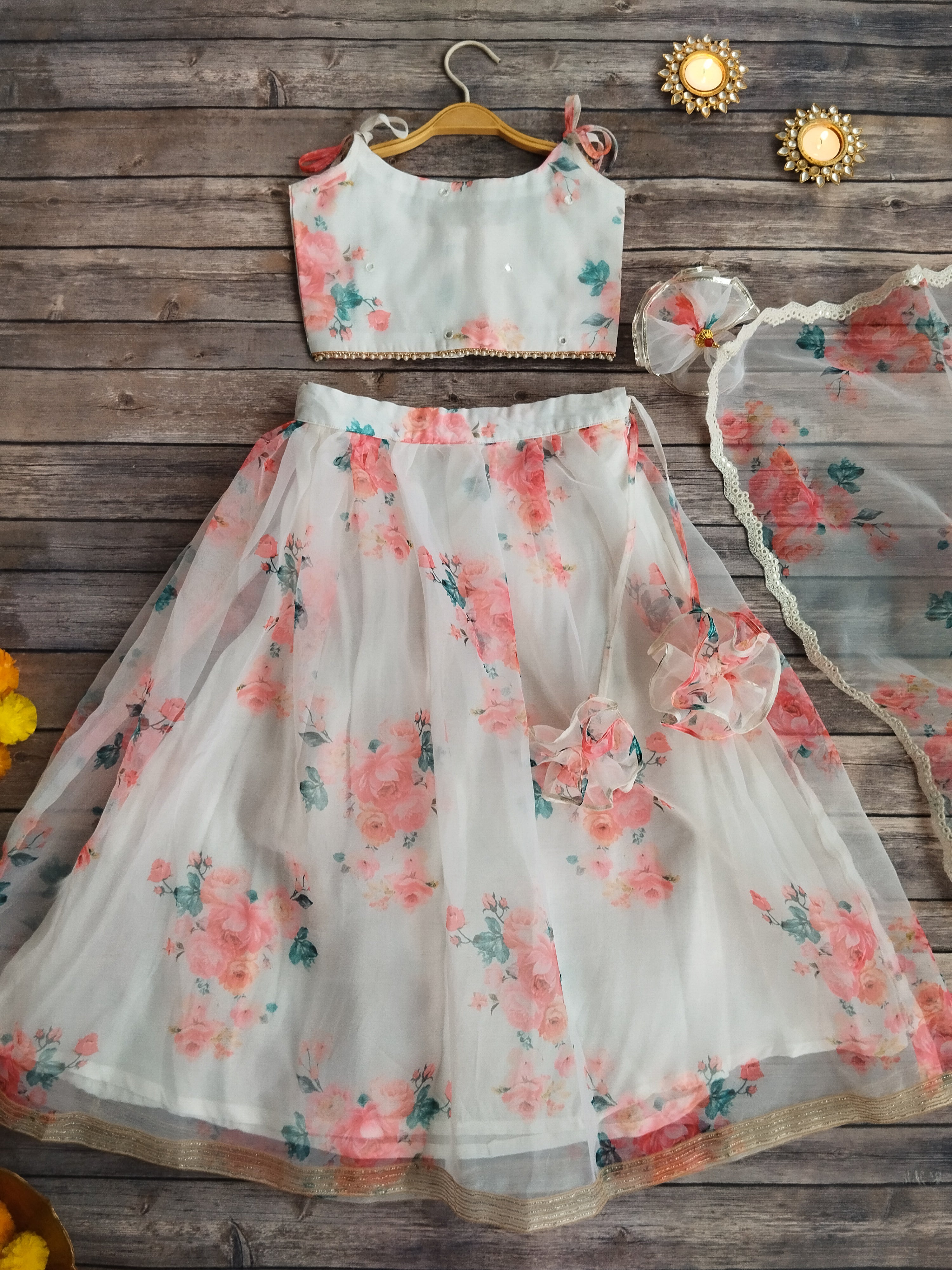 Off White Red Flower Mirrorwork Organza Kids Lehenga