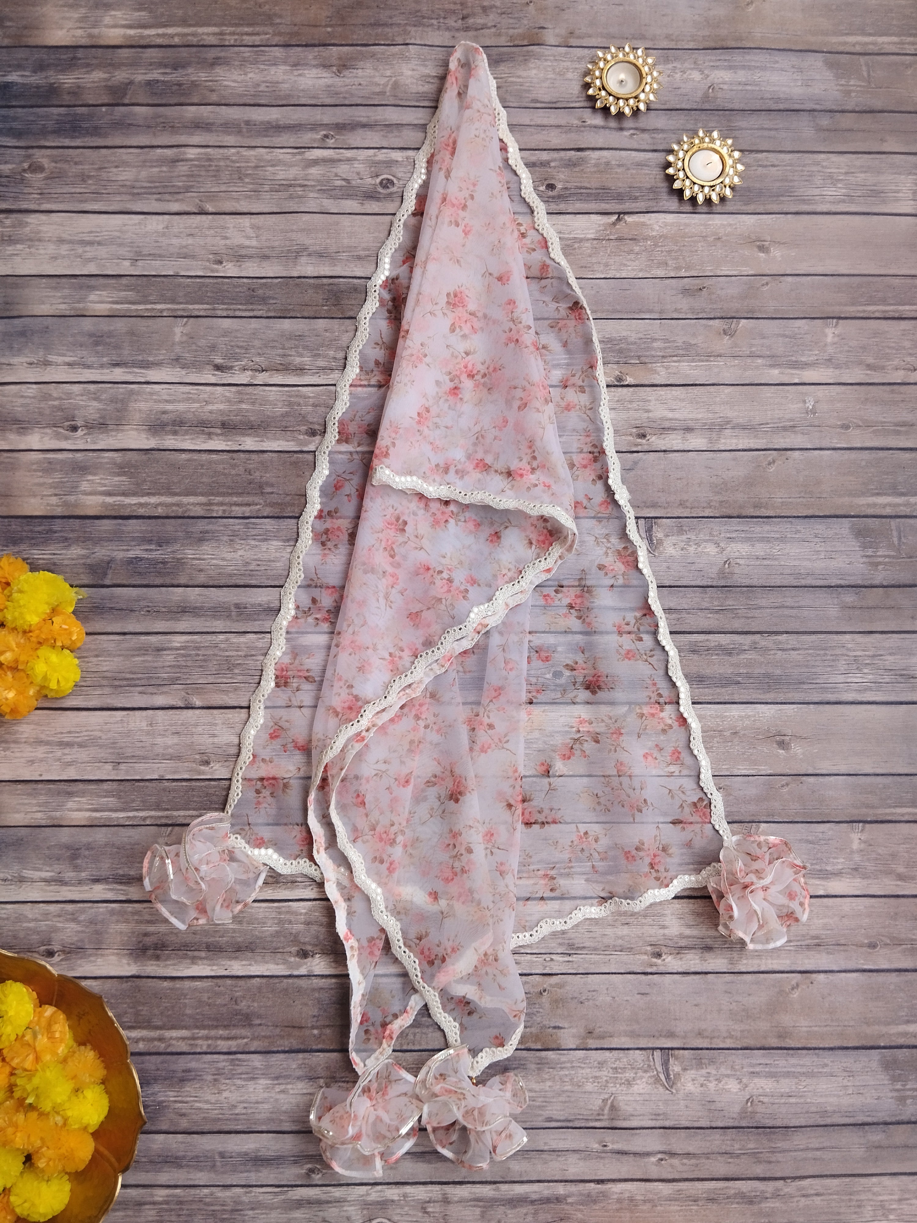 White Floral Mirrorwork Organza Kids Lehenga