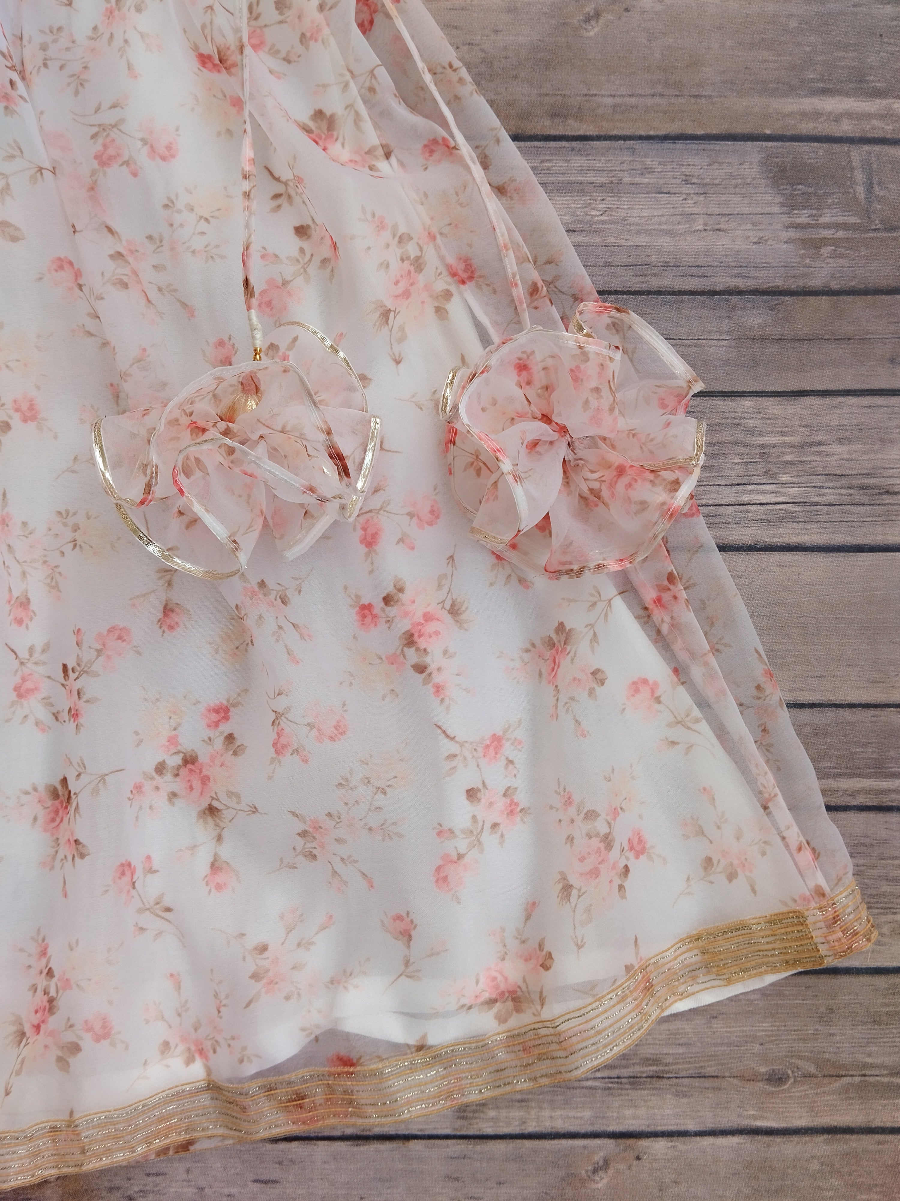 White Floral Mirrorwork Organza Kids Lehenga