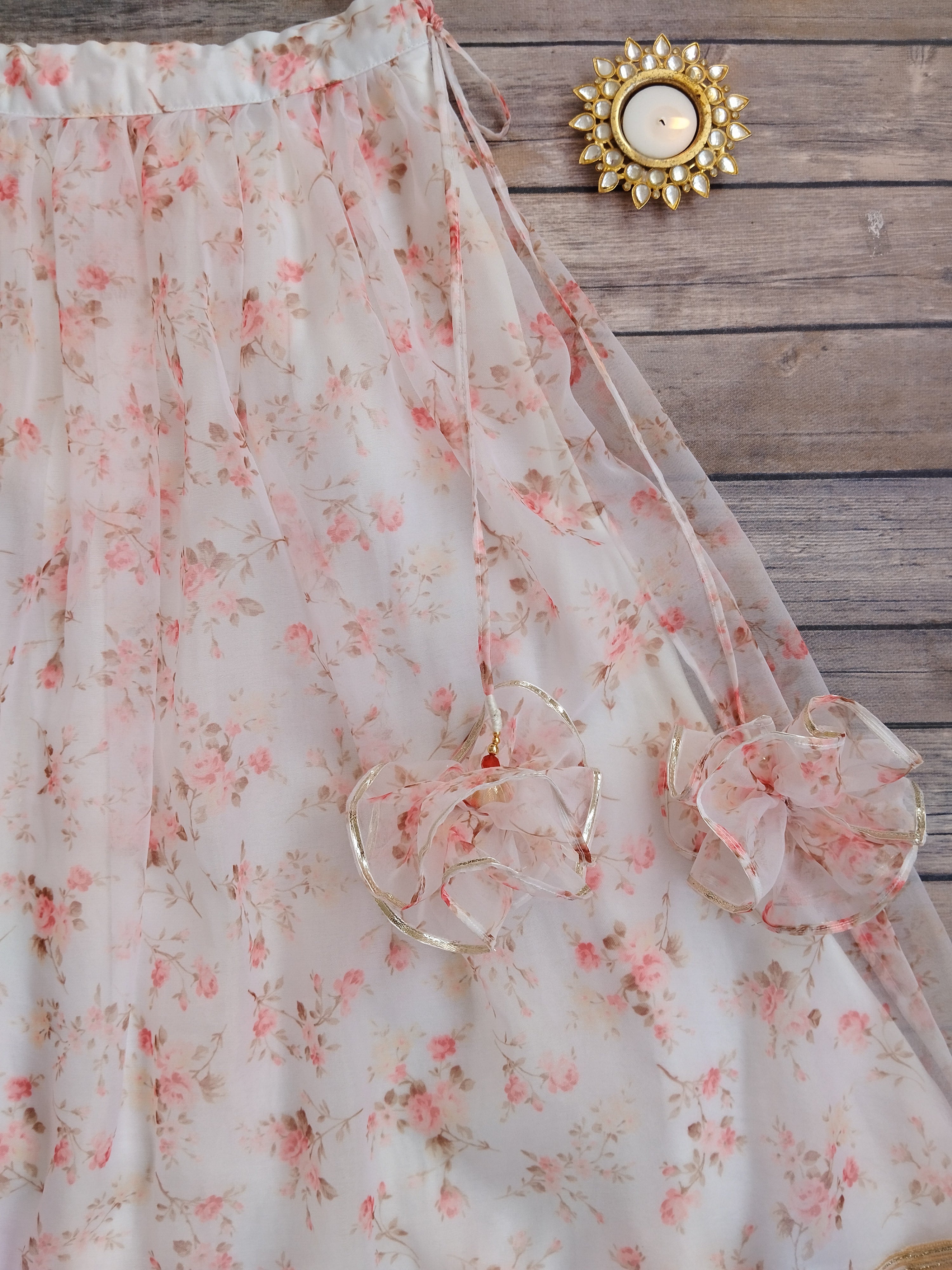 White Floral Mirrorwork Organza Kids Lehenga