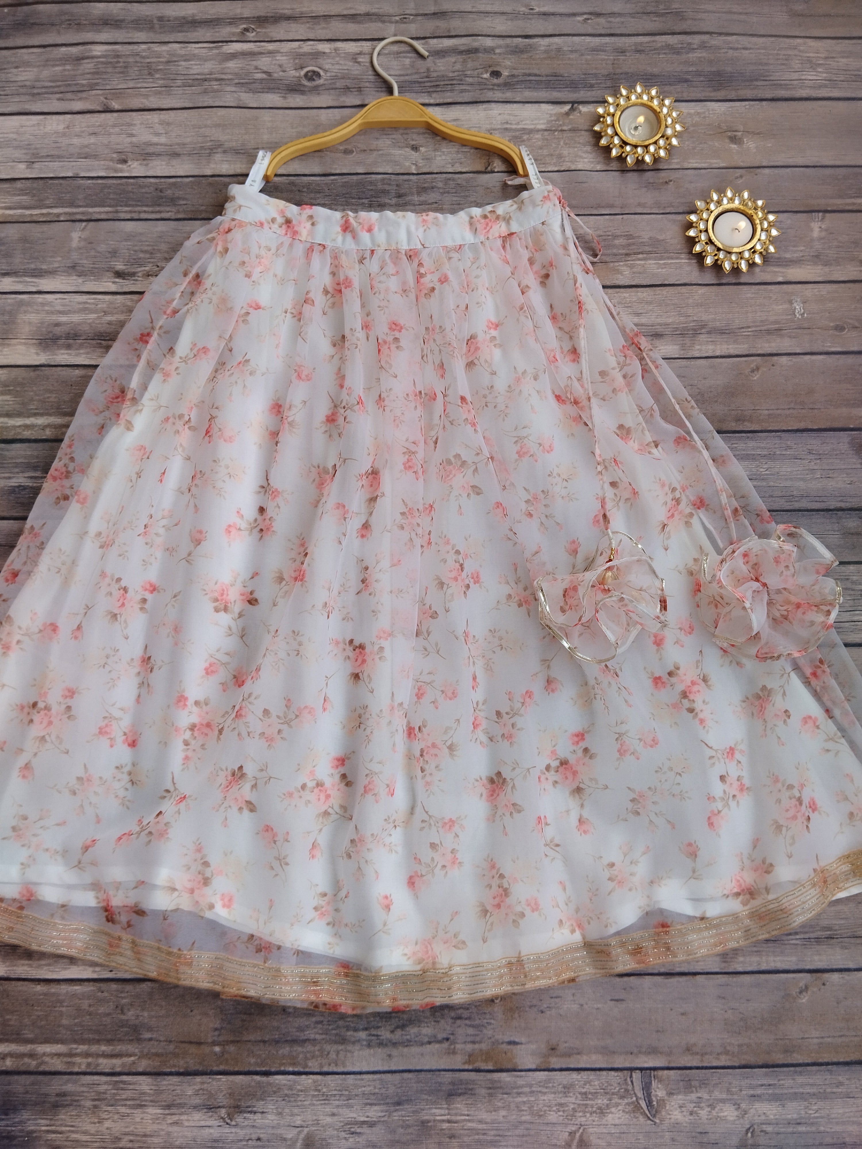 White Floral Mirrorwork Organza Kids Lehenga