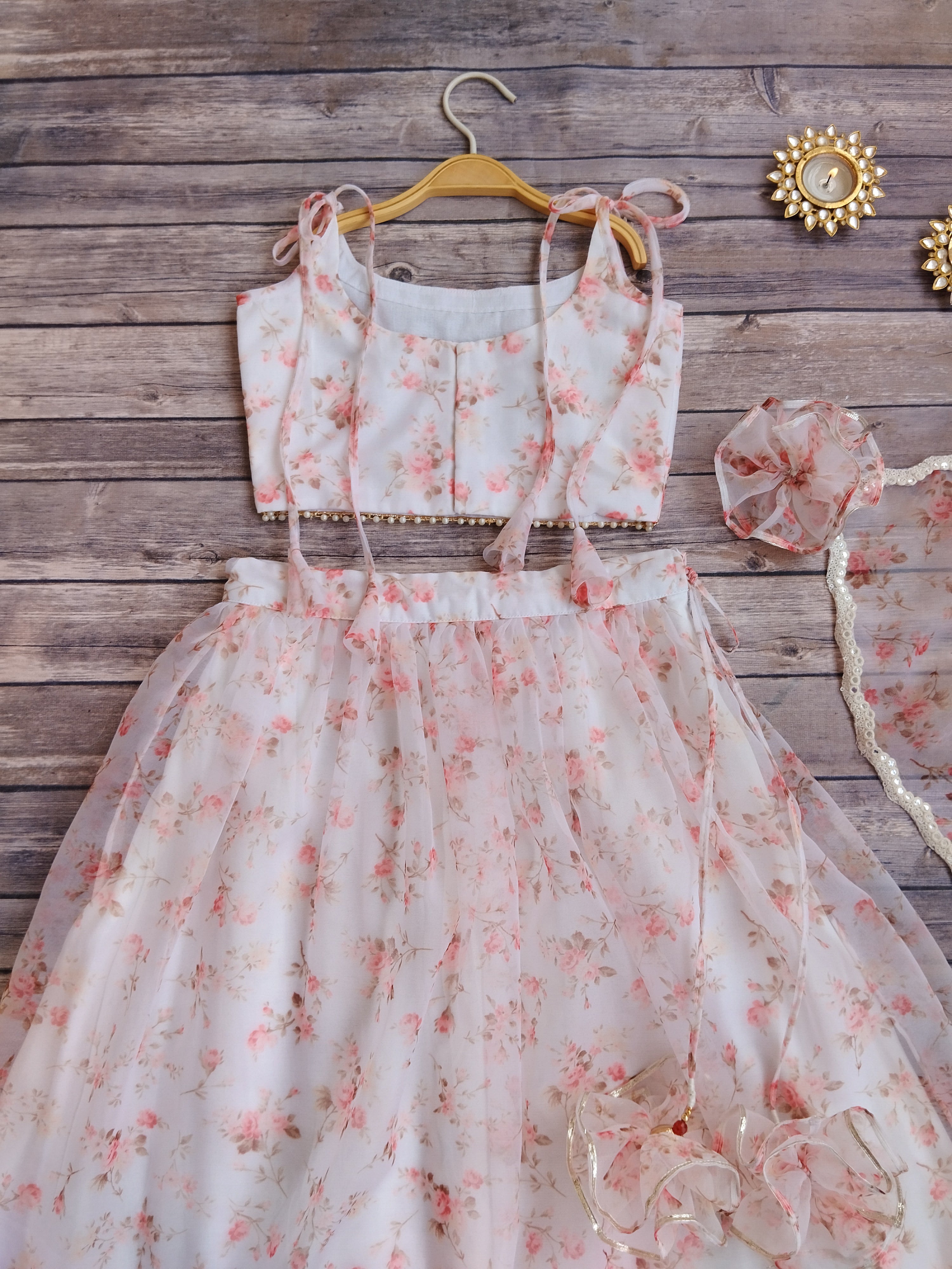 White Floral Mirrorwork Organza Kids Lehenga