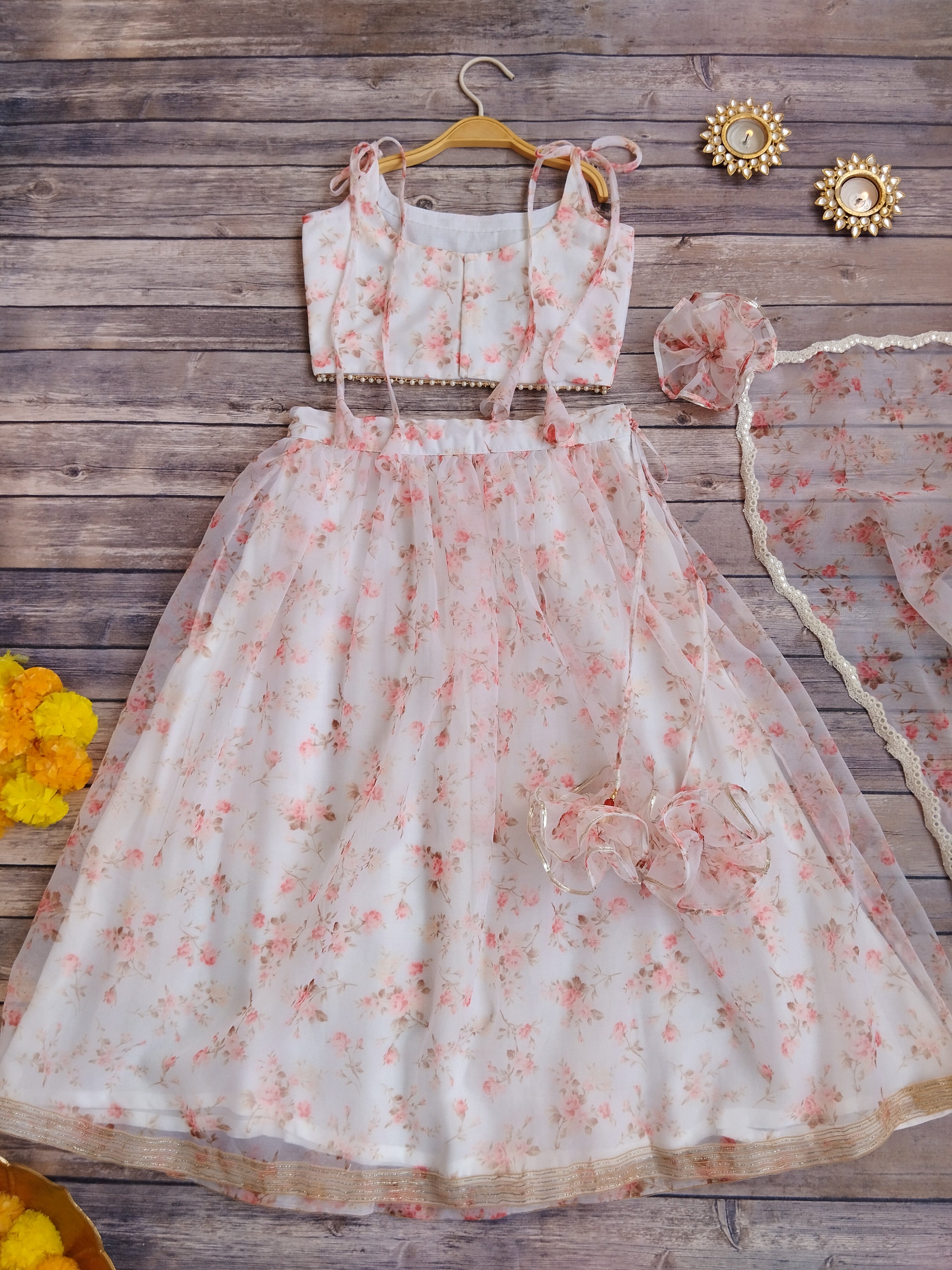 White Floral Mirrorwork Organza Kids Lehenga