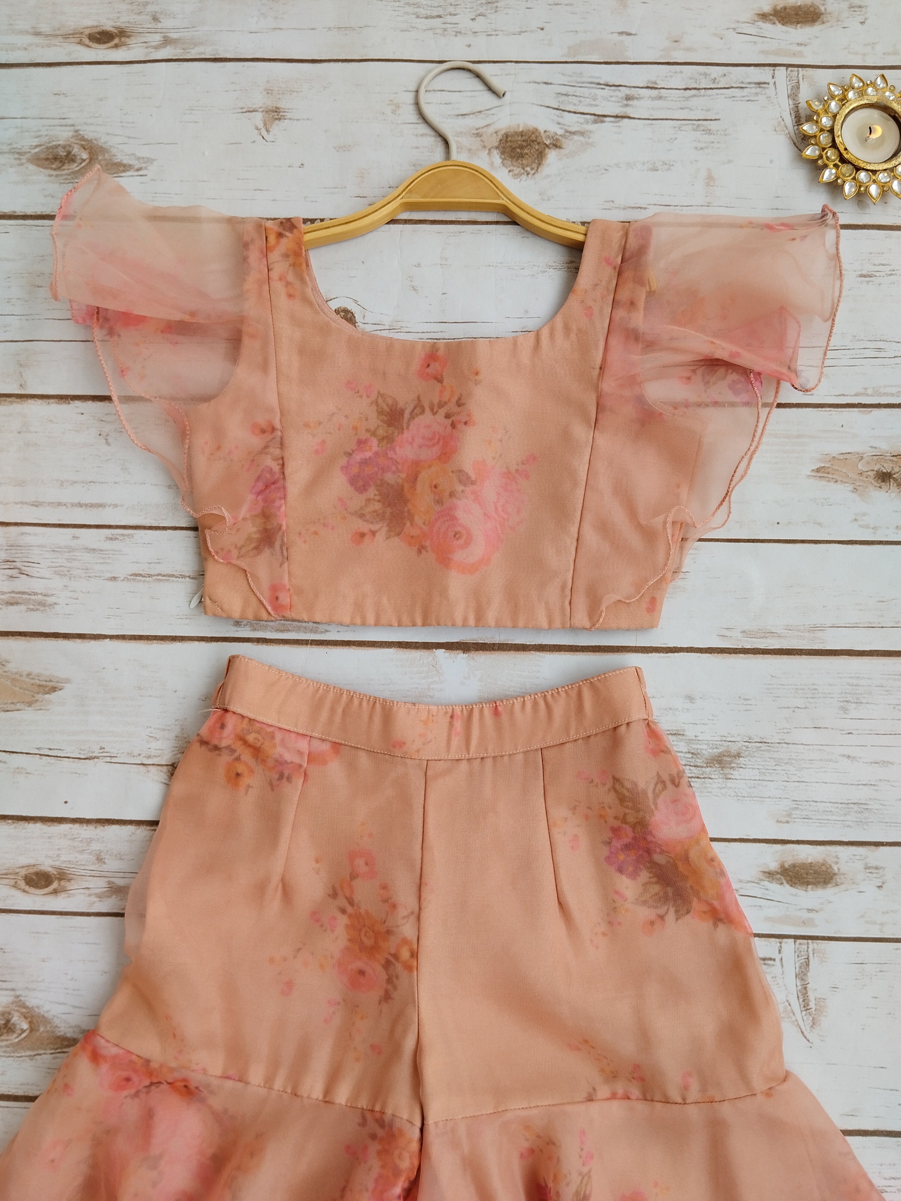 Dusty Pink Floral Organza Crop-Top Kids Sharara Set