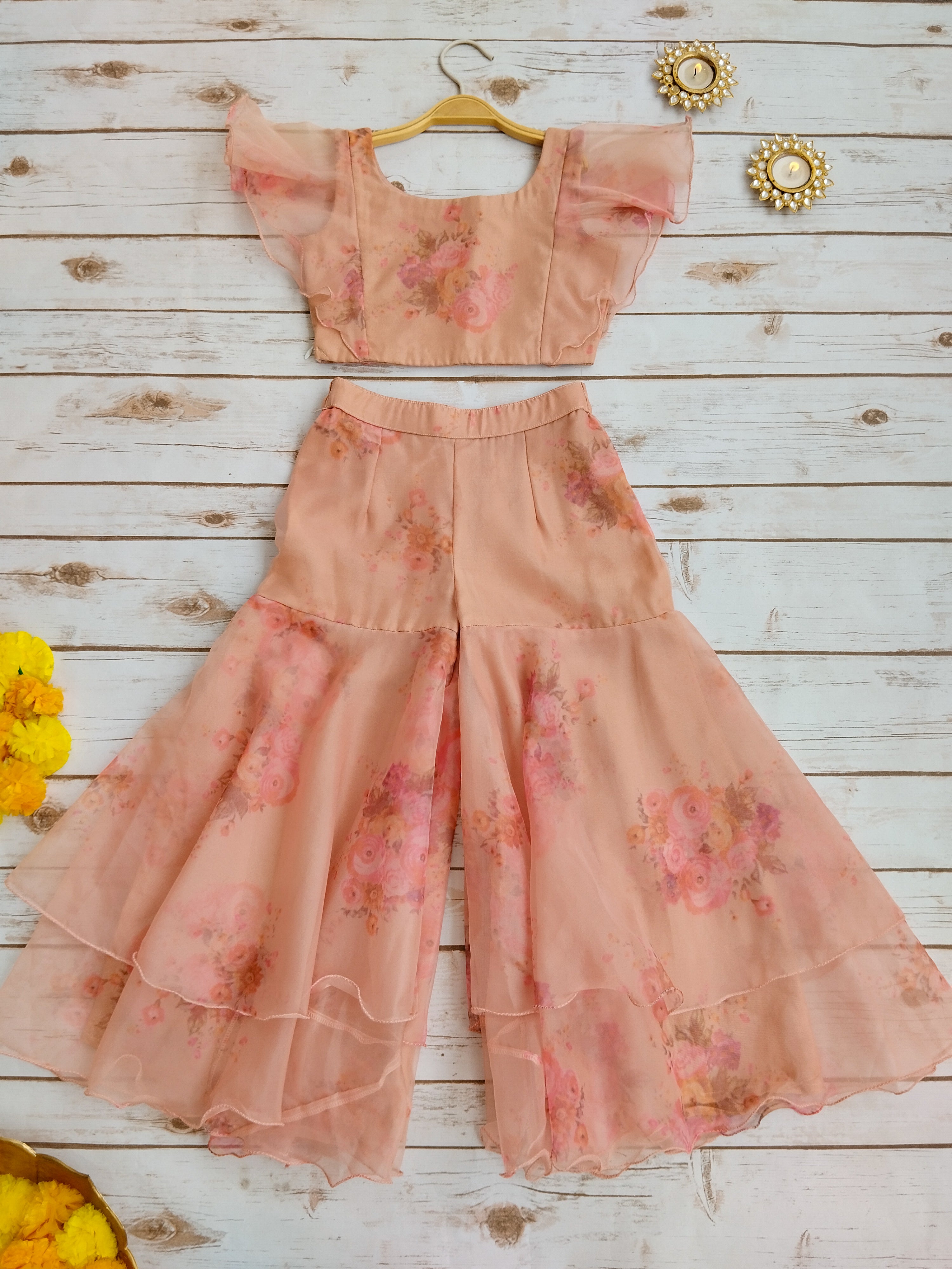 Dusty Pink Floral Organza Crop-Top Kids Sharara Set