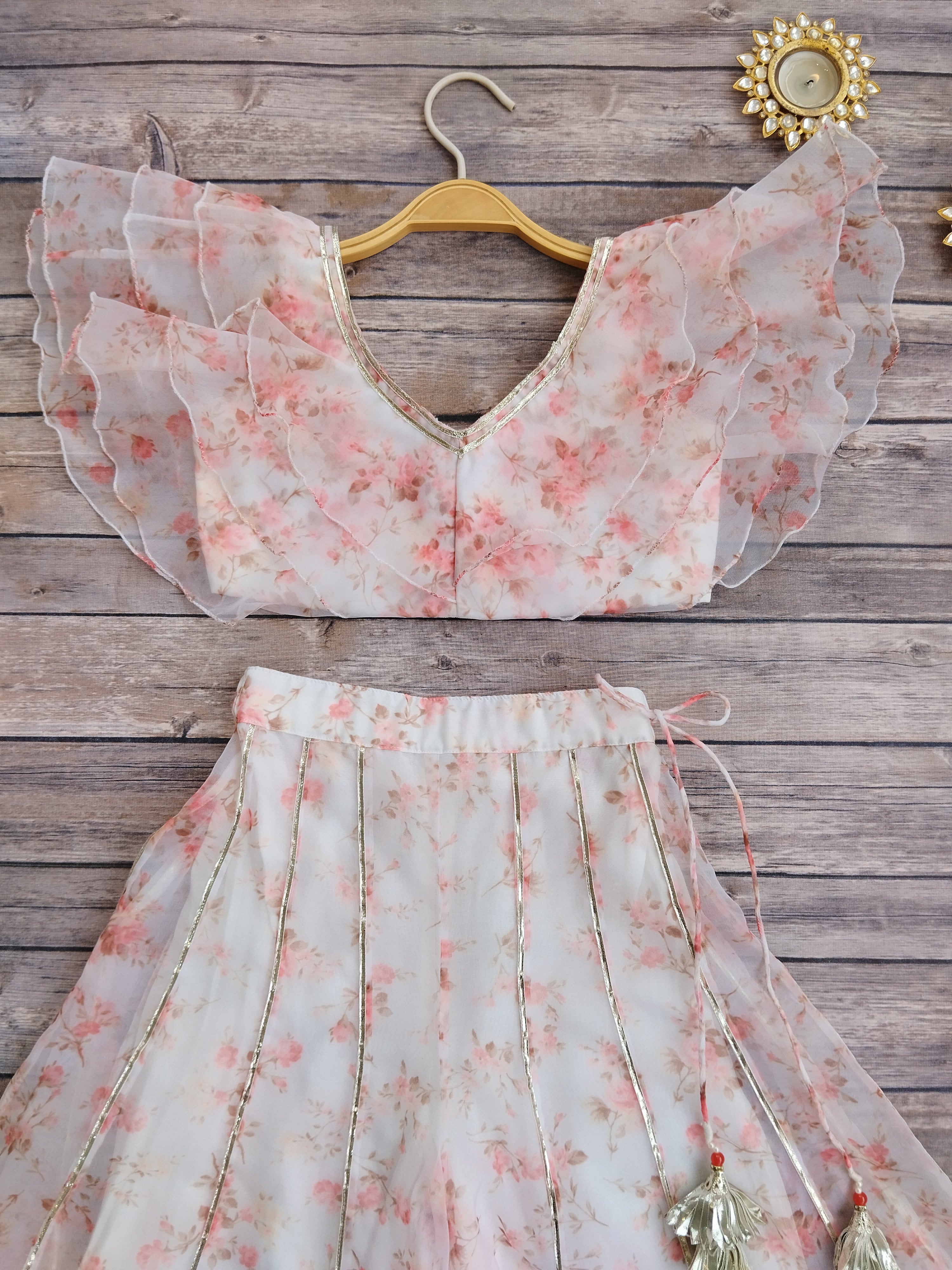 Kashvi White Floral Ruffle Organza Kids Crop-Top & Sharara