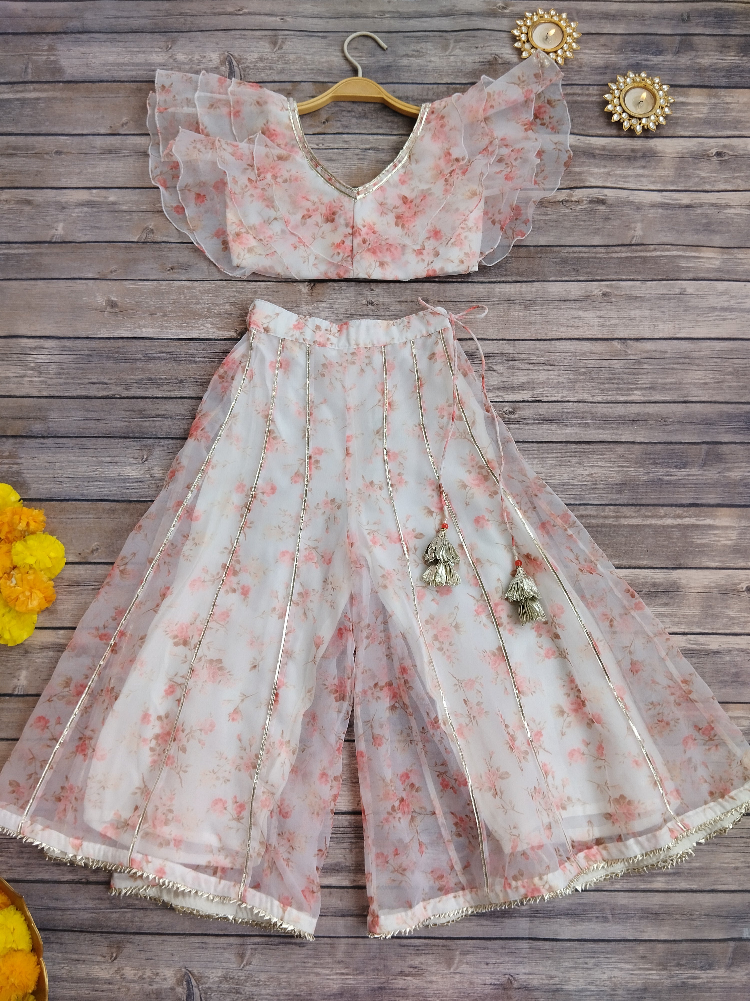 Kashvi White Floral Ruffle Organza Kids Crop-Top & Sharara
